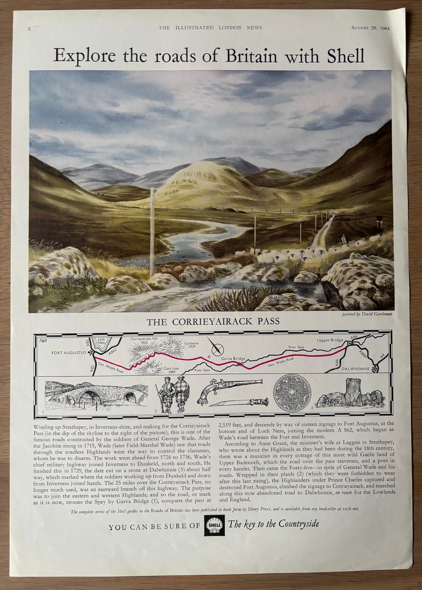 David Gentleman 1960's SHELL GUIDE TO ROADS OF BRITAIN THE CORRIEYAIRACK PASS Advert
