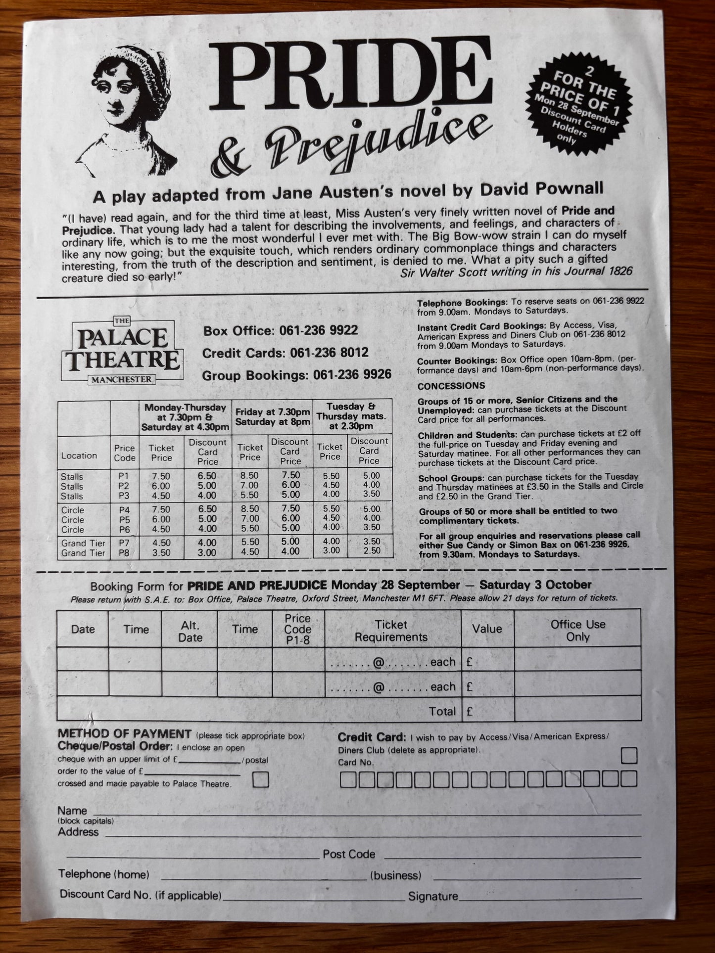 Jane Austen PRIDE & PREJUDICE Theatre Flyer MANCHESTER PALACE Ian Carmichael