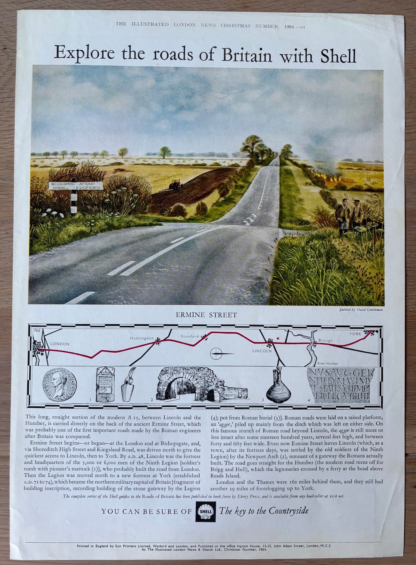David Gentleman 1960's SHELL GUIDE TO ROADS OF BRITAIN ERMINE STREET Large Advert