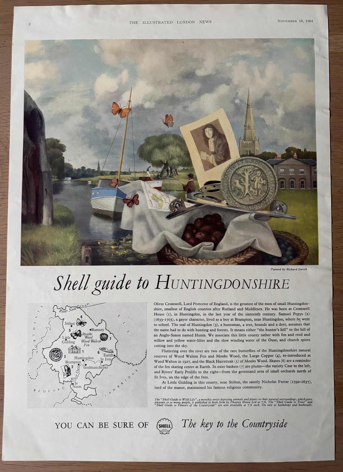 Richard Eurich SHELL GUIDE TO HUNTINGDONSHIRE Large ADVERT Original Ad 1961
