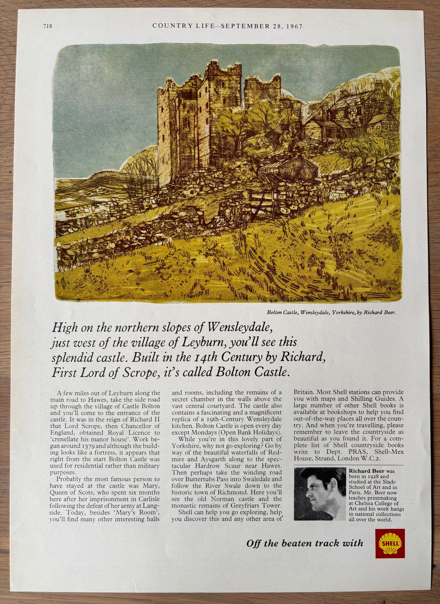 Richard Beer BOLTON CASTLE WENSLEYDALE 1967 SHELL ADVERT Off The Beaten Track