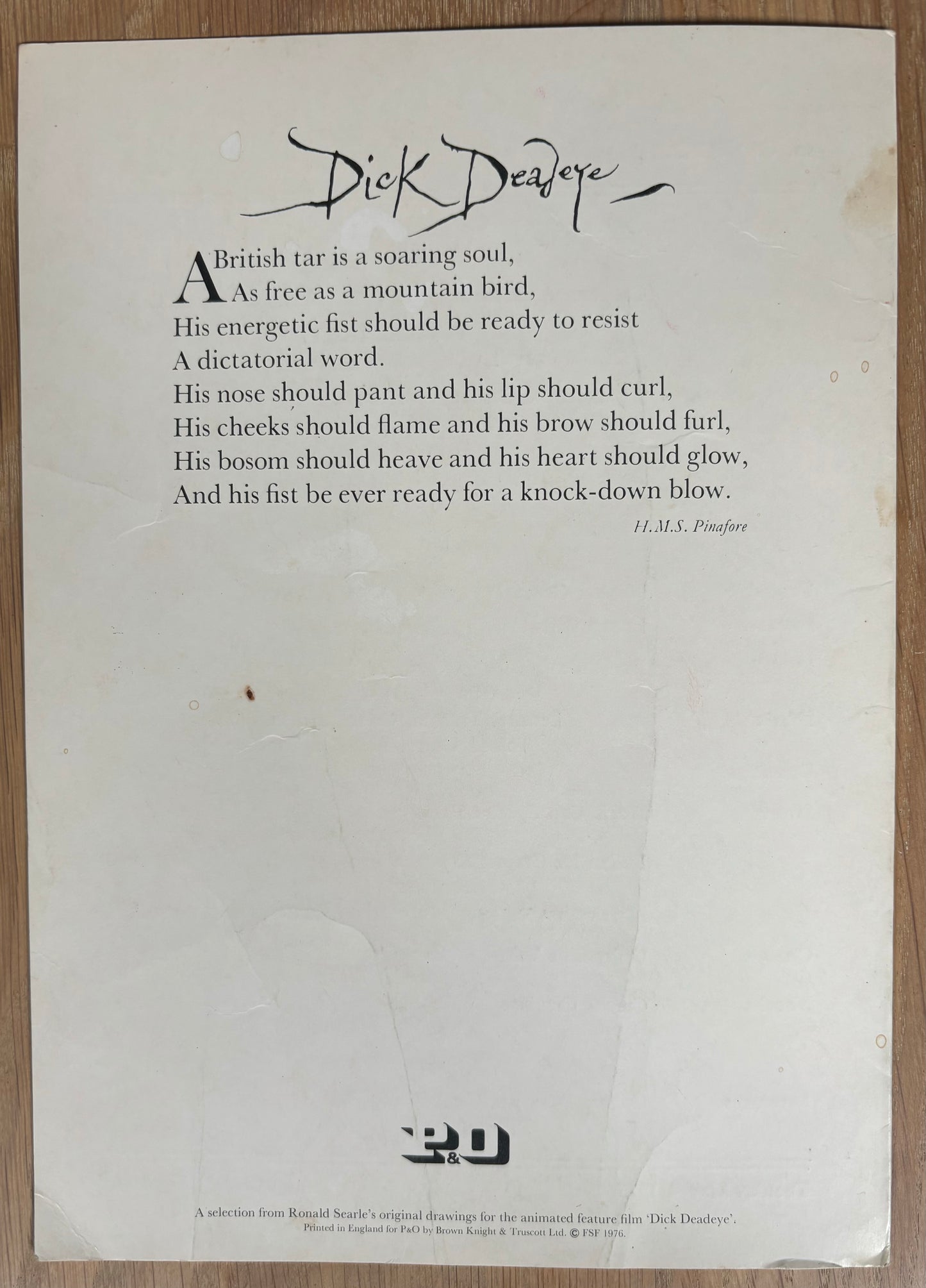 Ronald Searle SS CANBERRA Cruise Menu Card May 4, 1976 DICK DEADEYE SAILOR - transpontinebooks