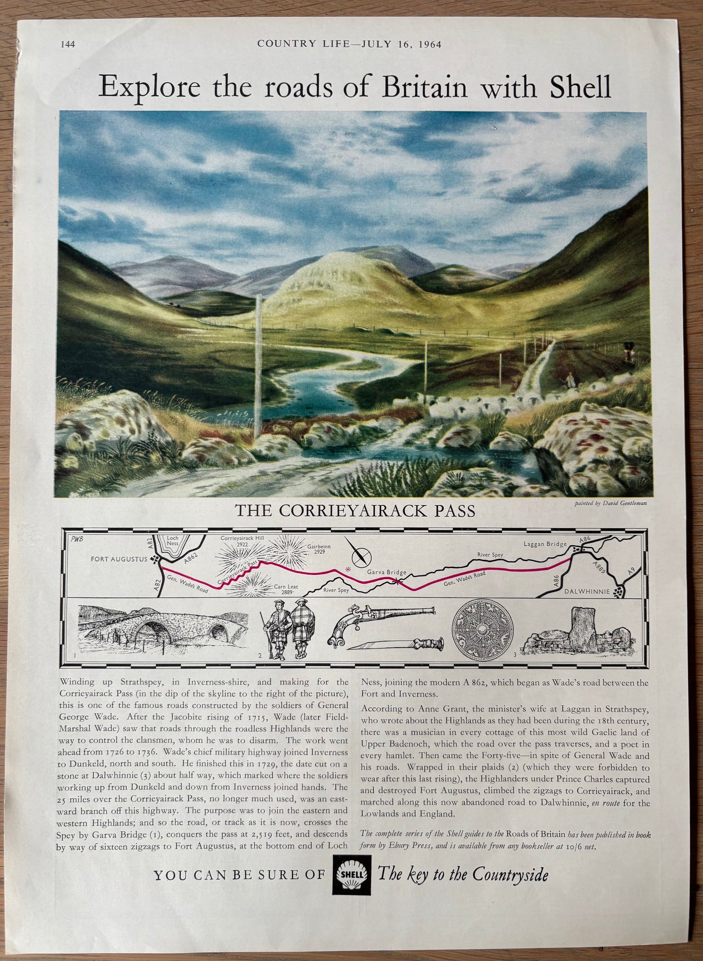 David Gentleman 1960's SHELL GUIDE TO ROADS OF BRITAIN THE CORRIEYAIRACK PASS Advert