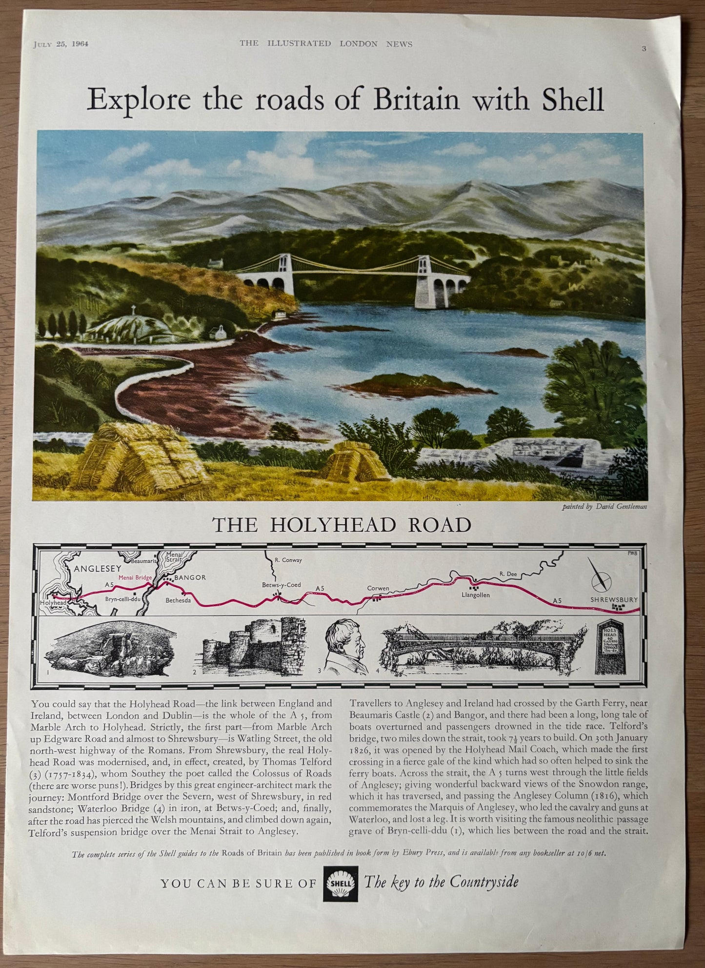 David Gentleman 1960's SHELL GUIDE TO ROADS OF BRITAIN THE HOLYHEAD ROAD Advert