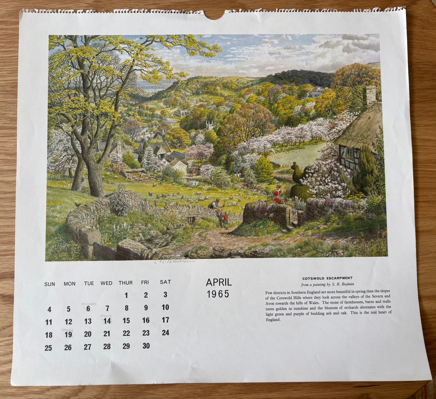 S R Badmin Signed APRIL 1965 Calendar Cotswold Escarpment ILLUSTRATION PRINT 1960’s