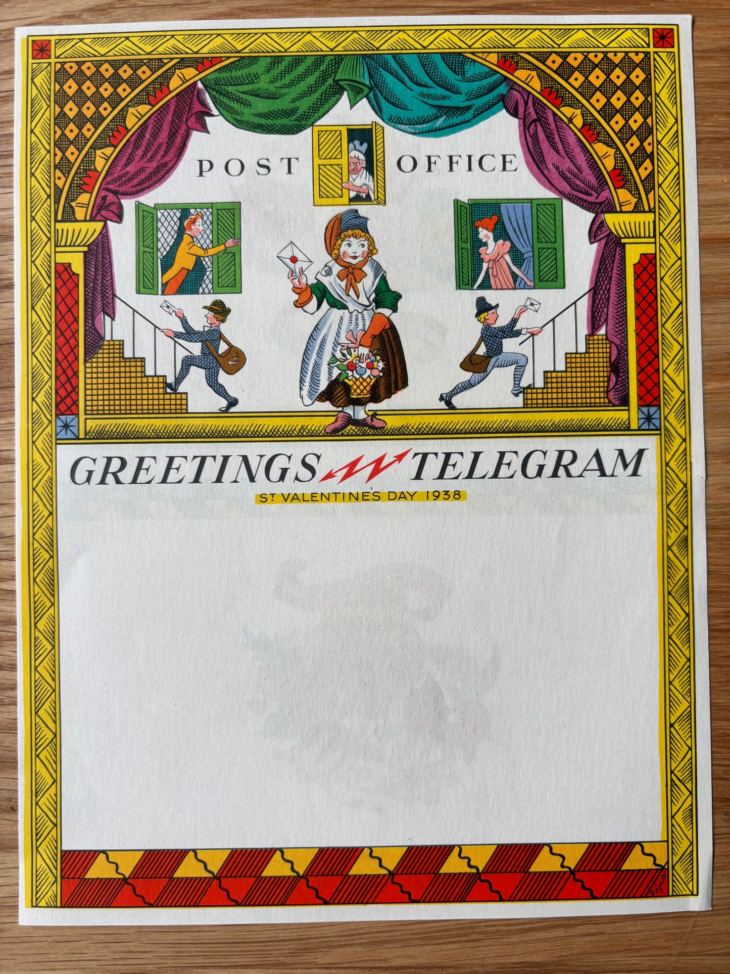 Rojan VALENTINE'S DAY TELEGRAM 1938 Post Office FEODOR ROJANKOVSKY Unused