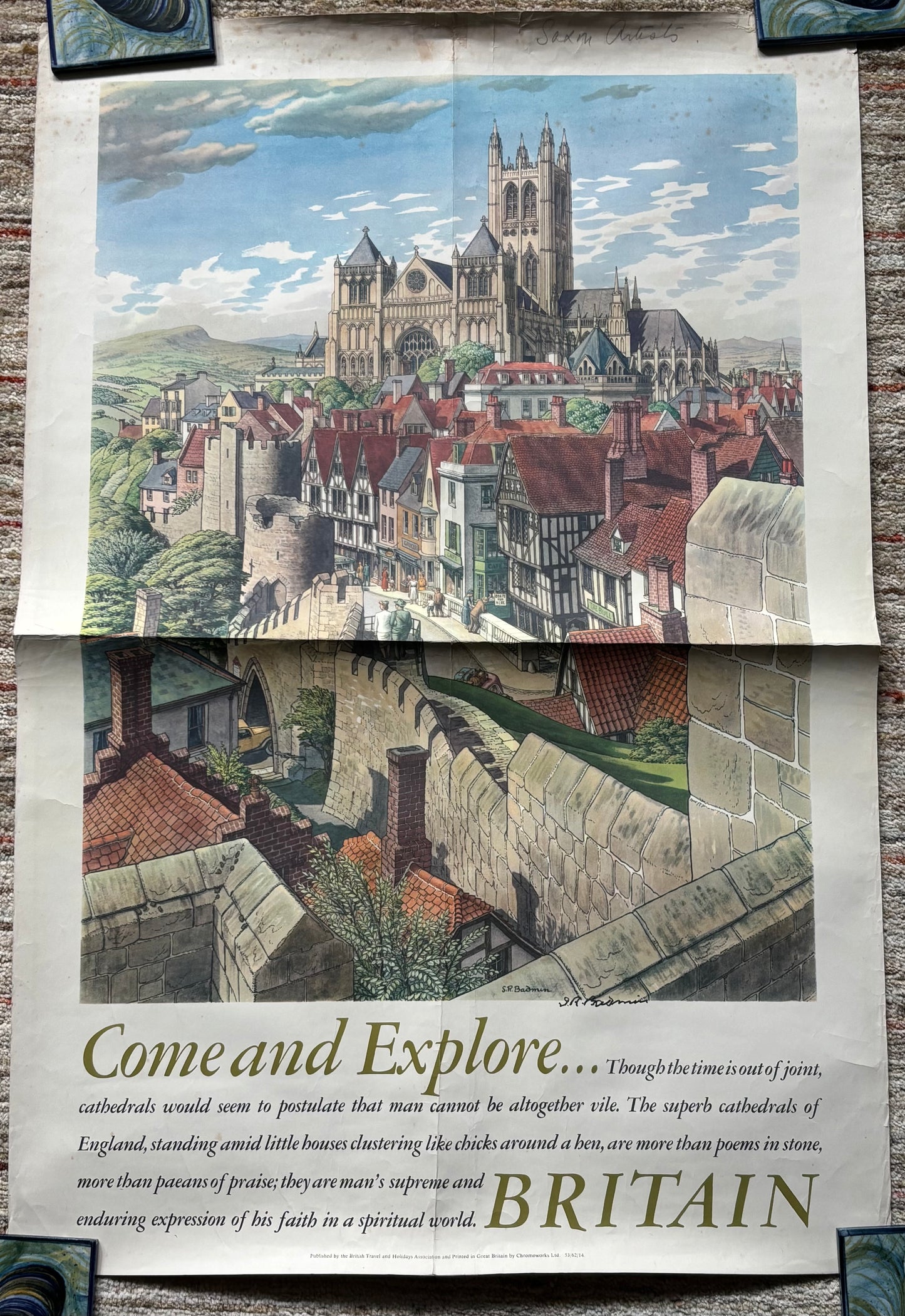S R Badmin Signed 1950’s COME AND EXPLORE BRITAIN TRAVEL POSTER 1953