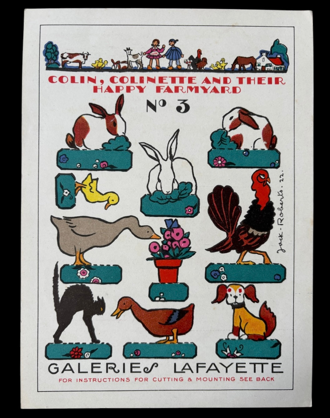 Jack Roberts 1920’s GALERIES LAFAYETTE Colin Colinette Farmyard Animals 4 CARDS Cut Outs