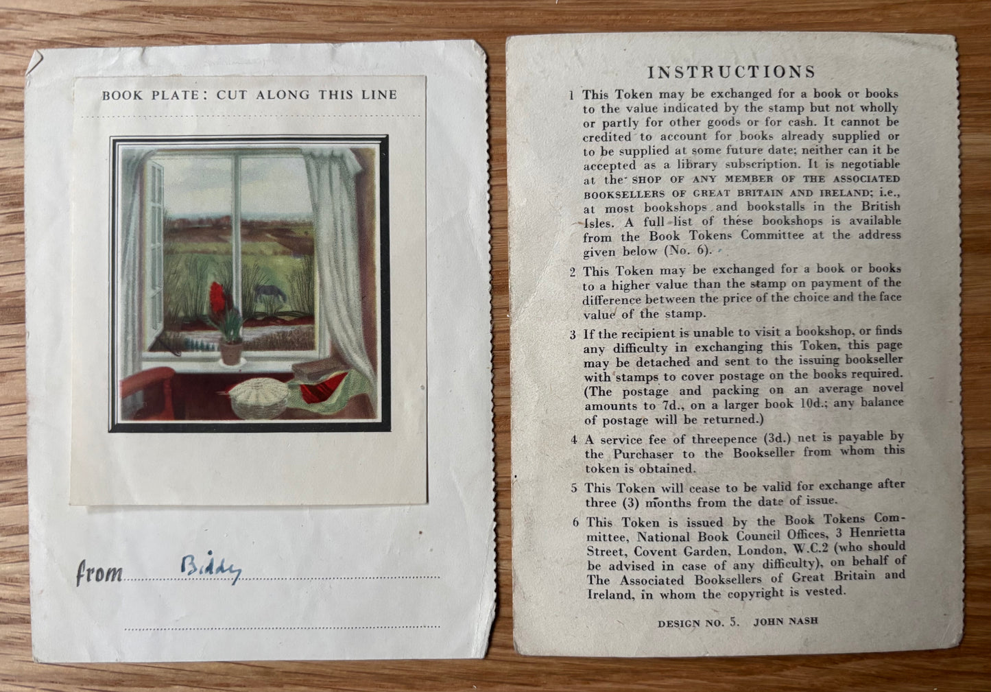 John Nash 1940’s VINTAGE BOOK TOKEN/ BOOK PLATE 1942 A Window in Bucks