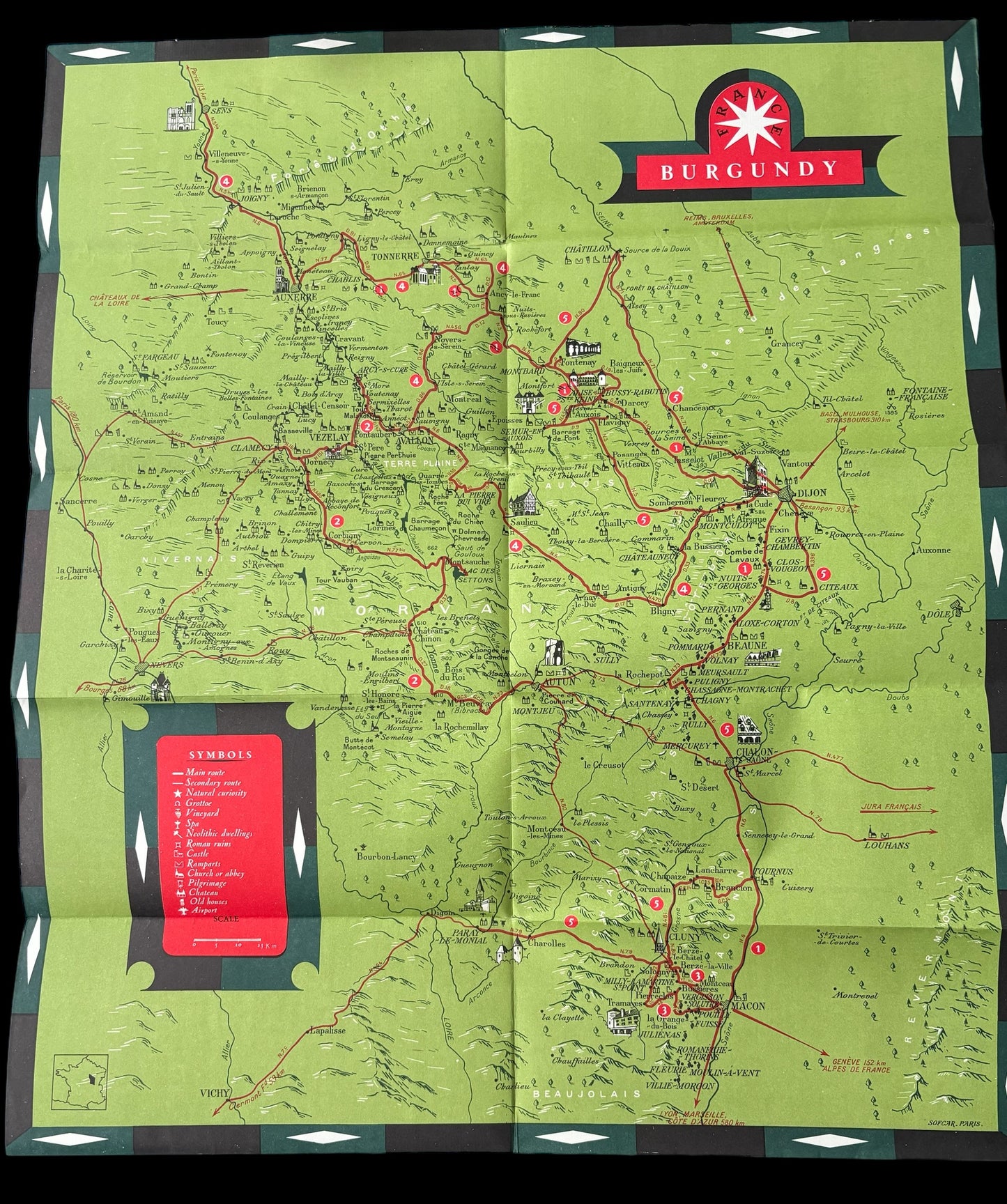 Edward Lancaster BURGUNDY FrenchTourist Leaflet Map 1950's - transpontinebooks