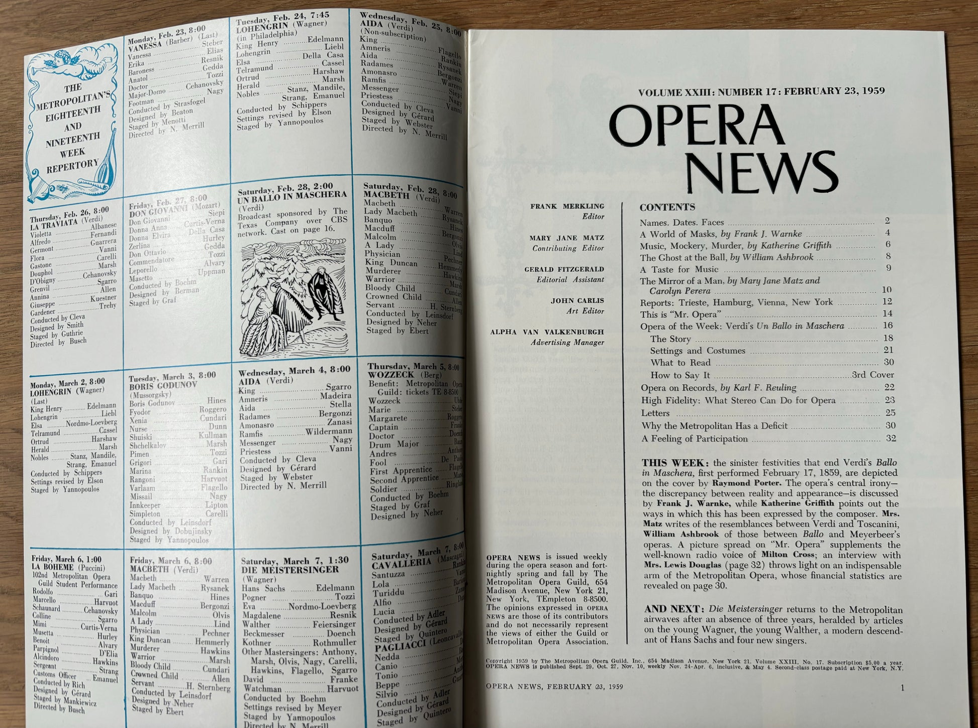 Raymond Porter OPERA NEWS February 23, 1959 METROPOLITAN MET Ballo In Maschera - transpontinebooks