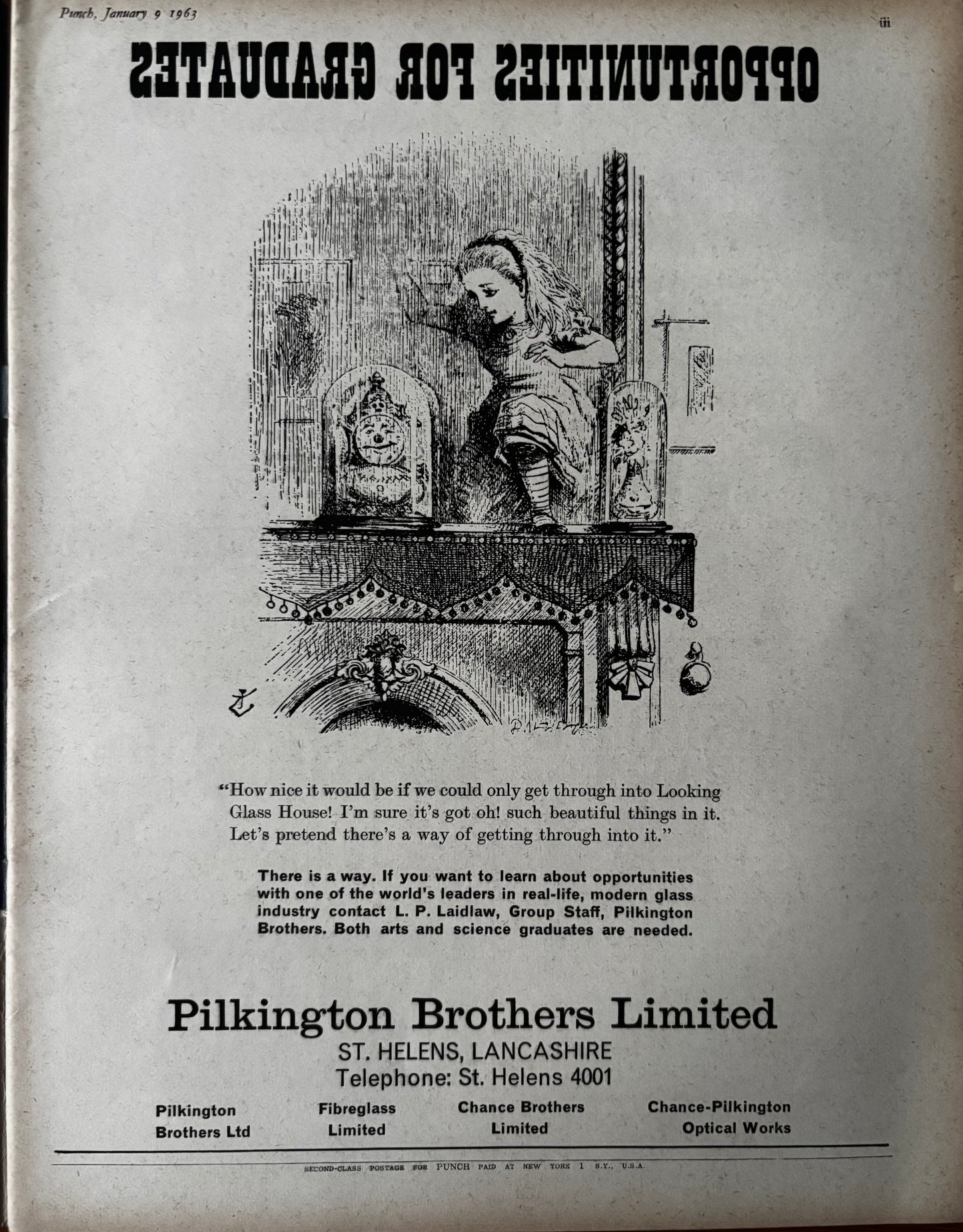 PUNCH MAGAZINE January 9 1963 HOLIDAY Slice Of Sun Winter ALICE Tenniel Advert