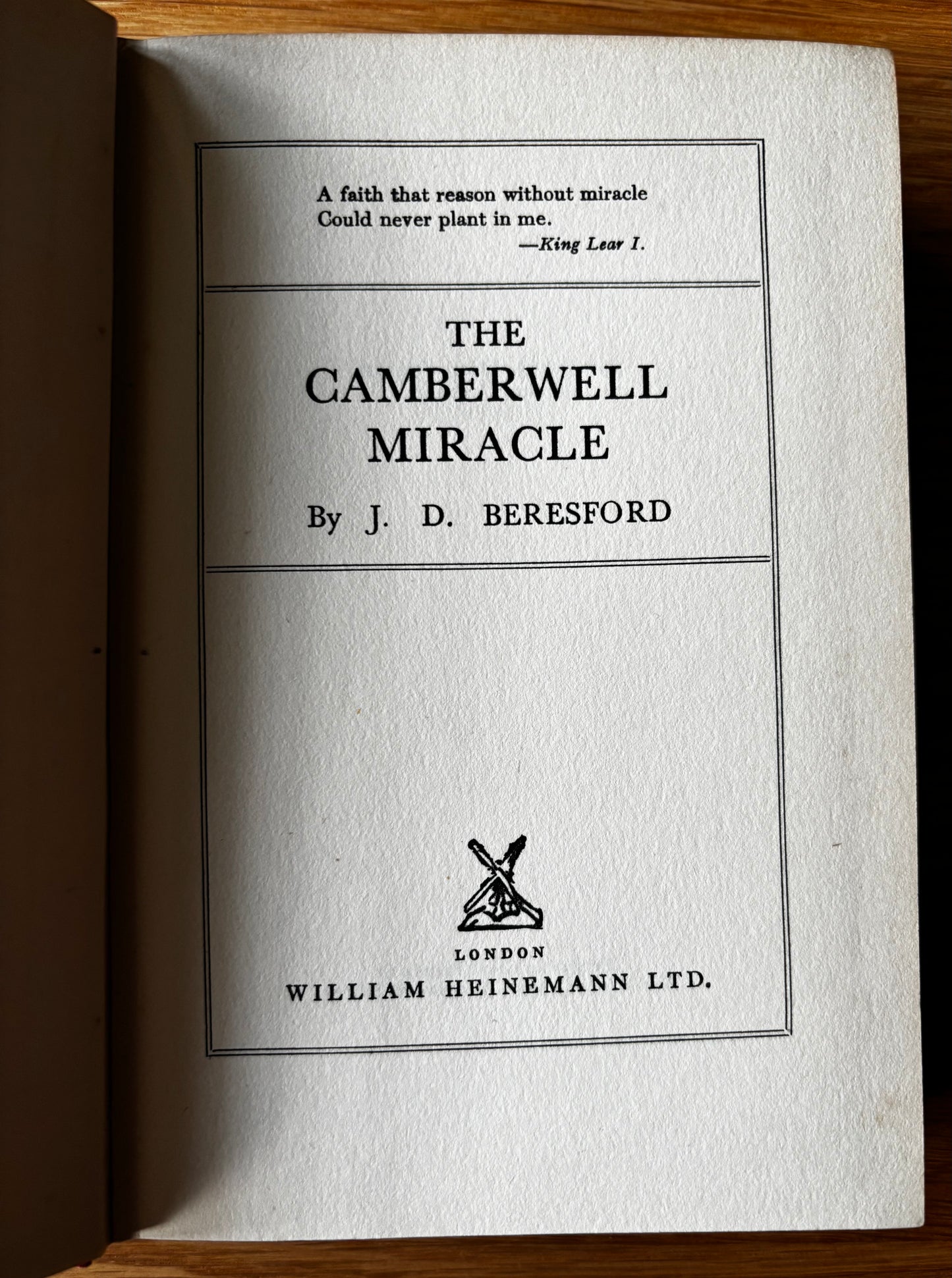 Barbosa THE CAMBERWELL MIRACLE 1934 J D Beresford DJ Heinemann