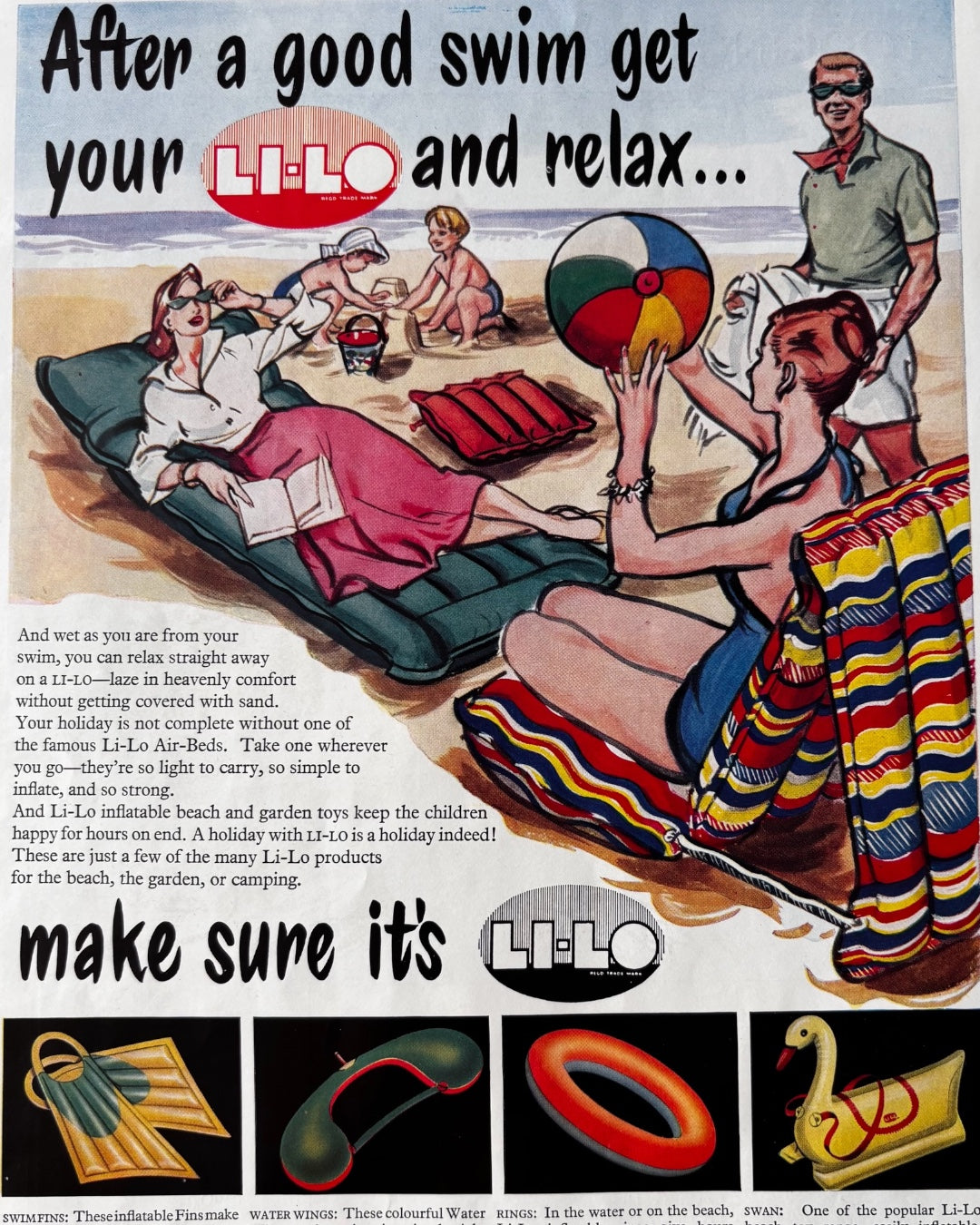 Vintage 1950’s LI-LO ADVERT Holiday Air Bed Inflated 1956 Ad