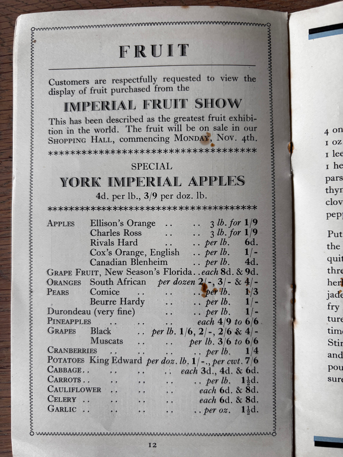 1920’s BARROW’S BIRMINGHAM Illustrated Seasonal Food Booklet SHOP October 1929