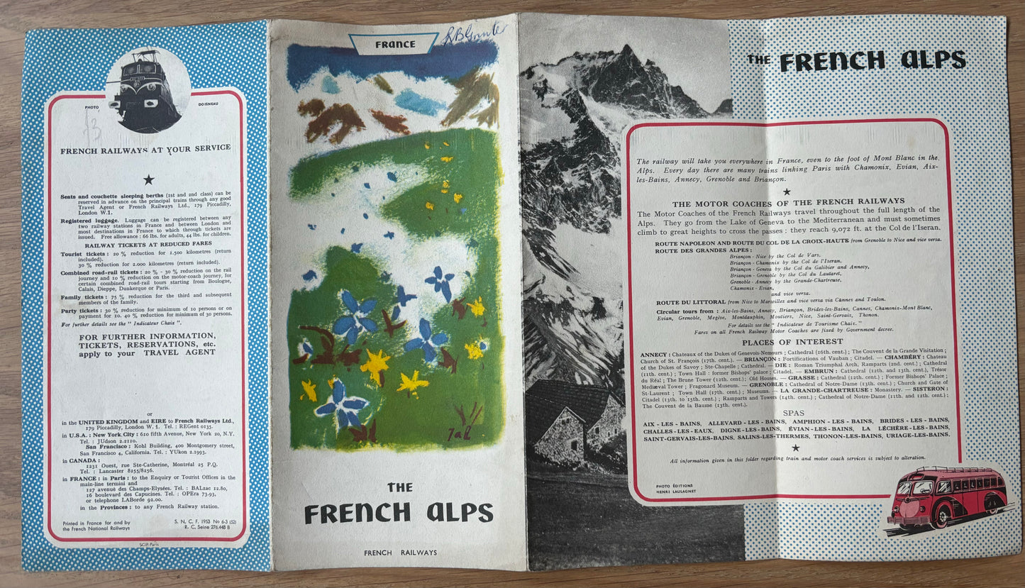 The French Alps FRENCH RAILWAYS TOURIST LEAFLET 1950’s Illustrated Map Of Region - transpontinebooks