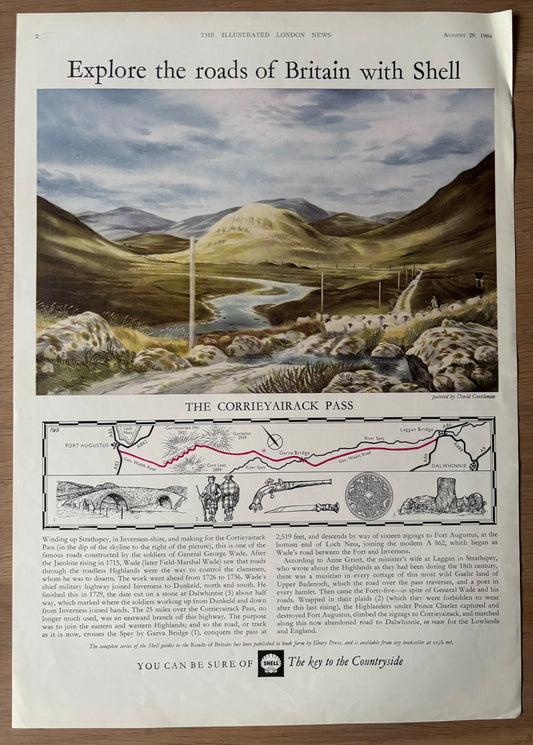 David Gentleman 1960's SHELL GUIDE TO ROADS OF BRITAIN THE CORRIEYAIRACK PASS Advert