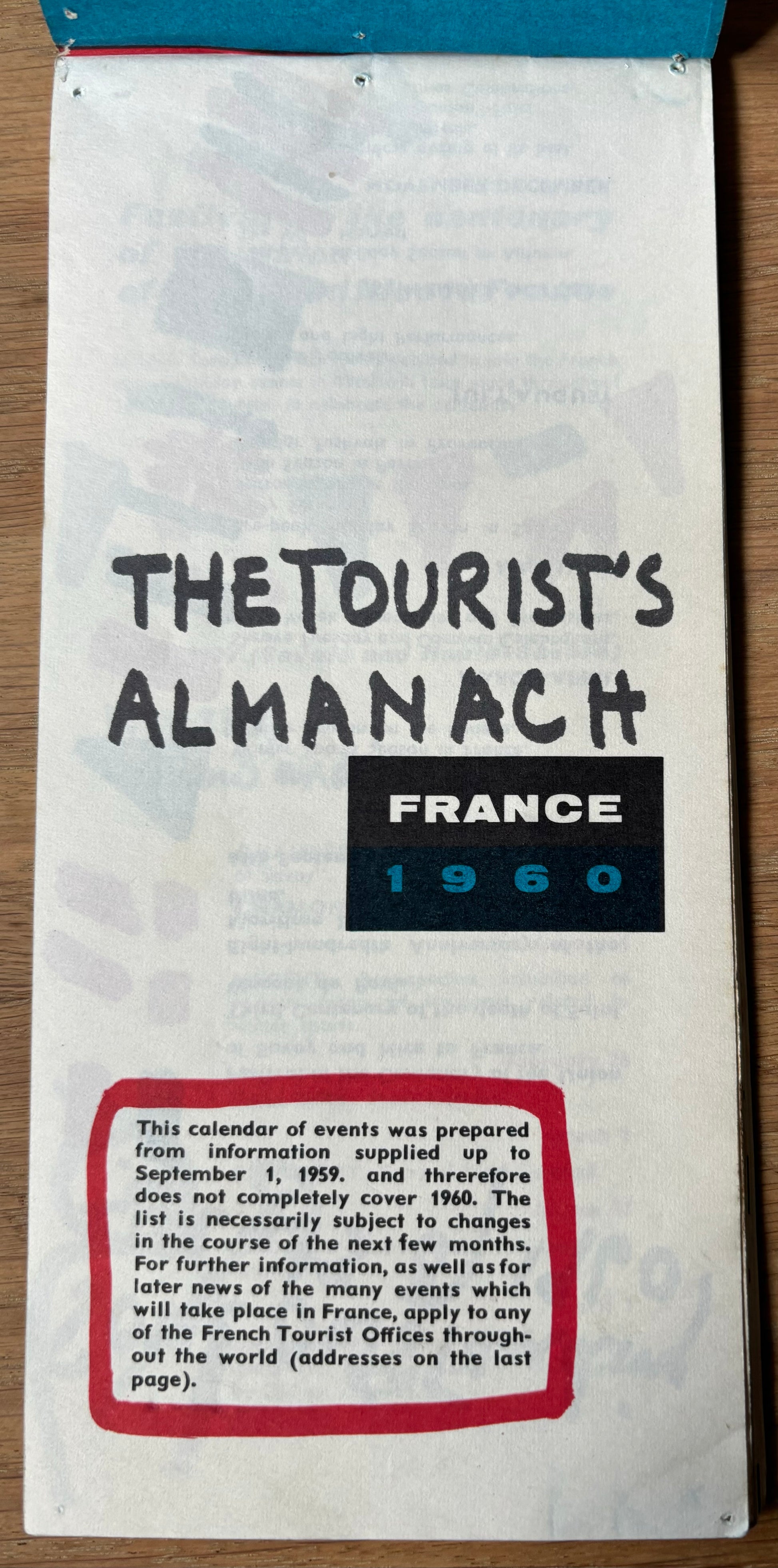 FRANCE THE TOURIST'S ALMANAC Holiday Booklet French Travel Office 1960 - transpontinebooks