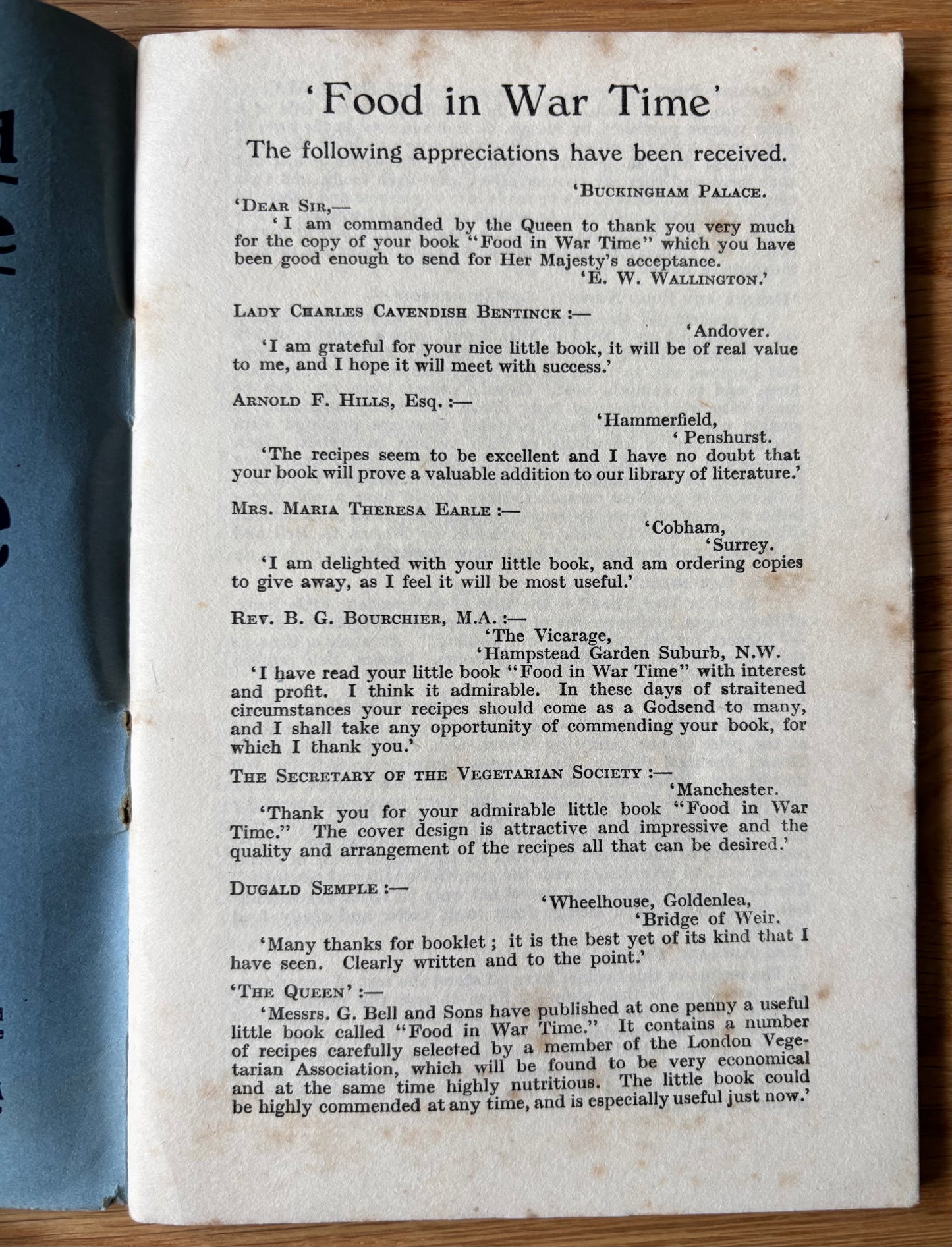 Scarce FOOD IN WAR TIME Vegetarian Cookery Book 5th Ed BIRMINGHAM SCHOOL Recipes