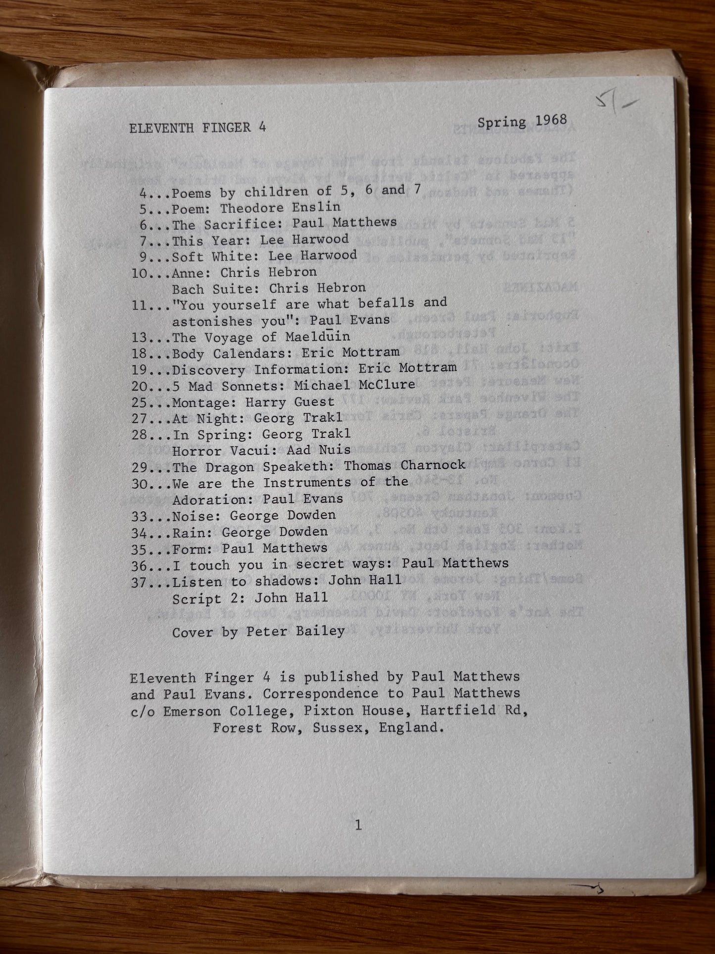 Pete Bailey ELEVENTH FINGER POETRY MAGAZINE Spring 1968 No4 Paul Matthews