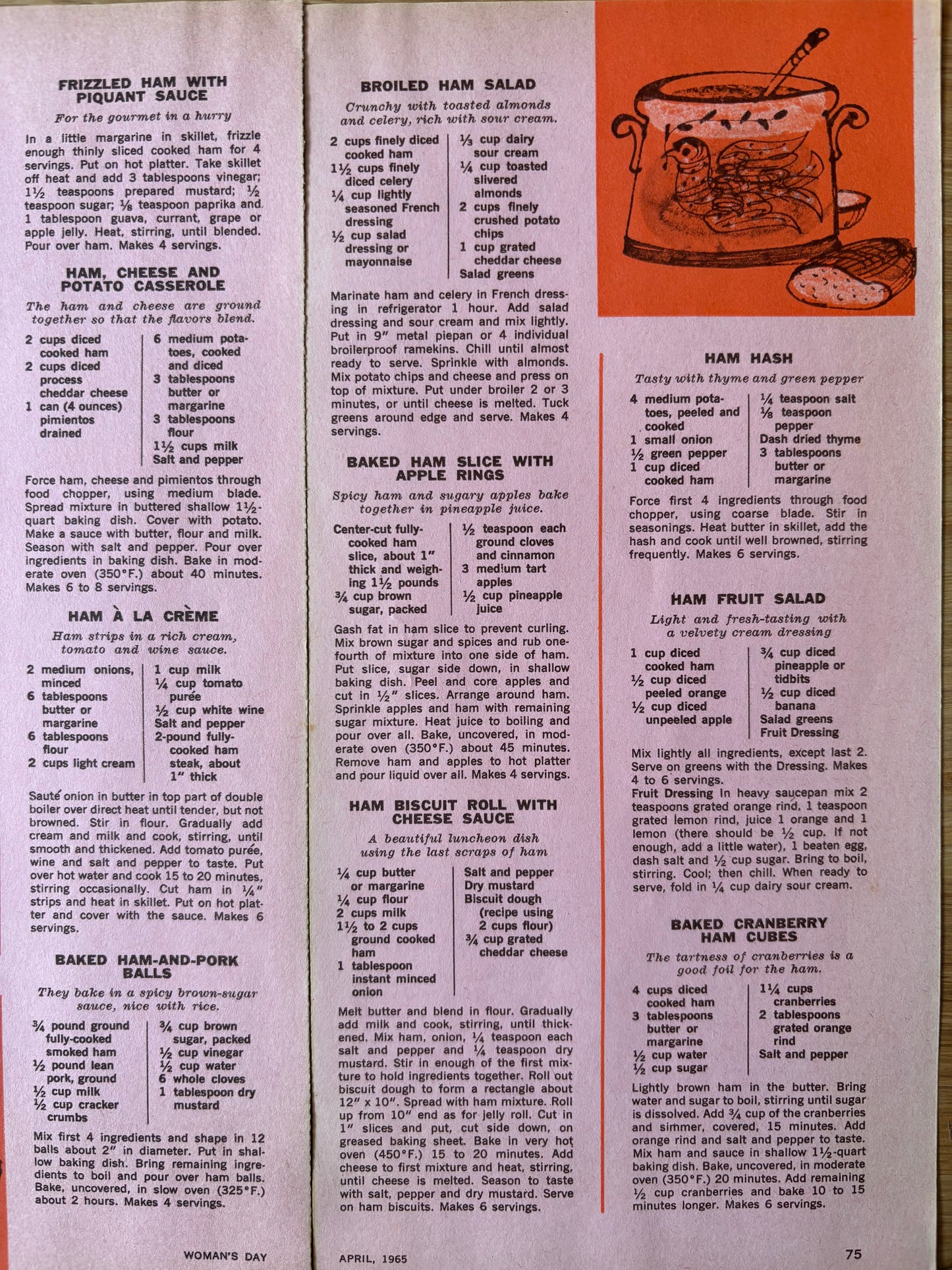 Joseph Low HAM Recipes Leaflet Supplement WOMAN’S DAY April 1965