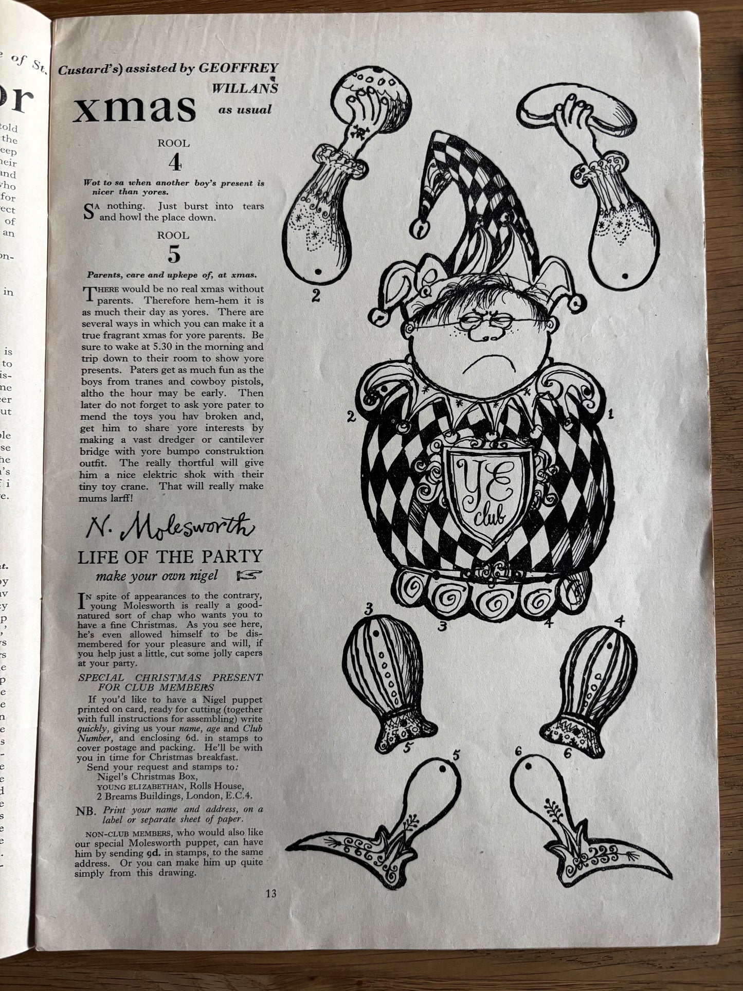 Ronald Searle YOUNG ELIZABETHAN Magazine CHRISTMAS 1957 Molesworth Puppet