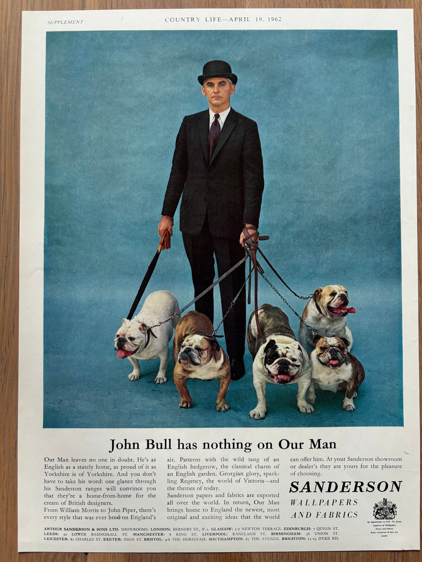 SANDERSON WALLPAPERS FABRICS Advert 1962 British Bulldog Bowler Hat - transpontinebooks