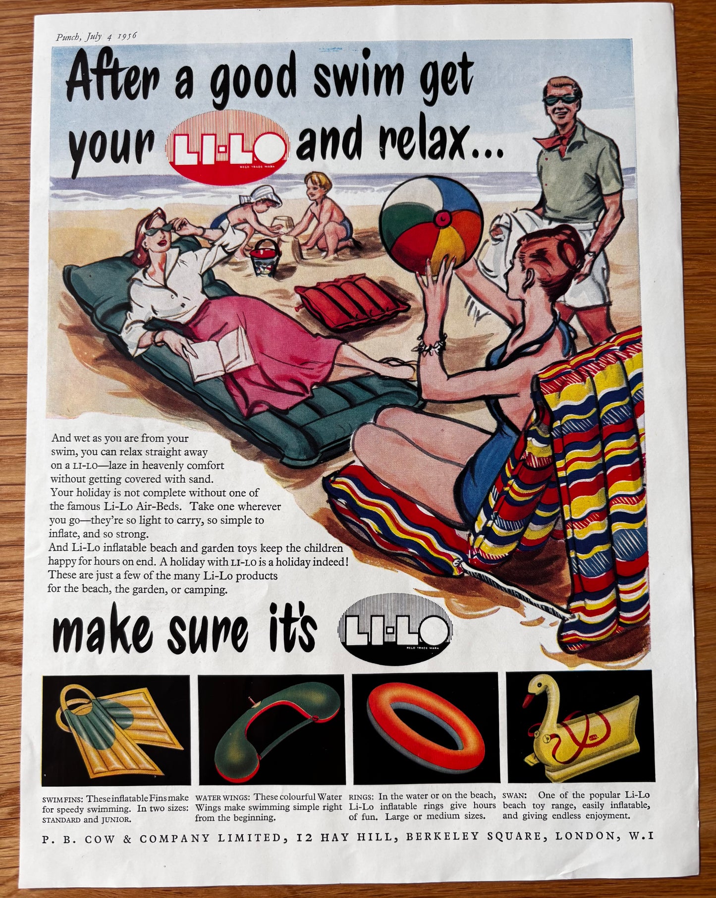 Vintage 1950’s LI-LO ADVERT Holiday Air Bed Inflated 1956 Ad