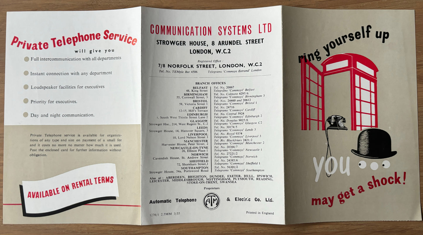 1950’s AUTOMATIC TELEPHONE BOOTH BOWLER HAT Leaflet