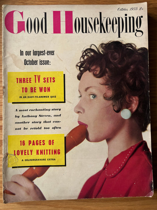 GOOD HOUSEKEEPING Magazine OCTOBER 1955 Illustrated KNITTING PATTERNS CLOTHES Recipes Ads