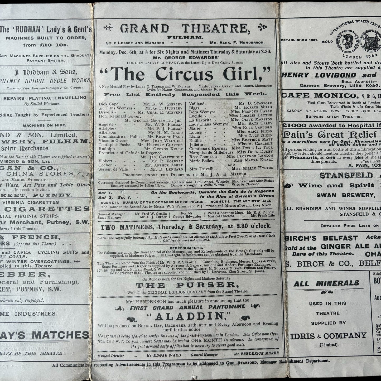 GRAND THEATRE FULHAM The Circus Girl 1897 THEATRE PROGRAMME Art Nouveau - transpontinebooks