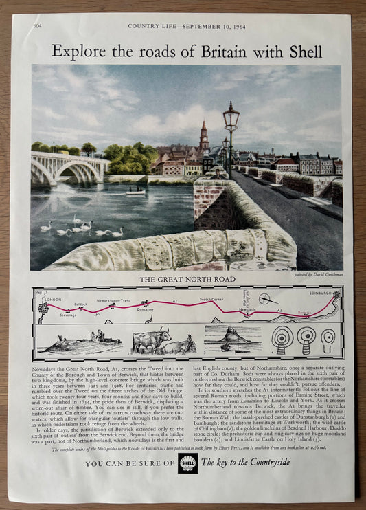 David Gentleman 1960's SHELL GUIDE TO ROADS OF BRITAIN - GREAT NORTH ROAD Advert