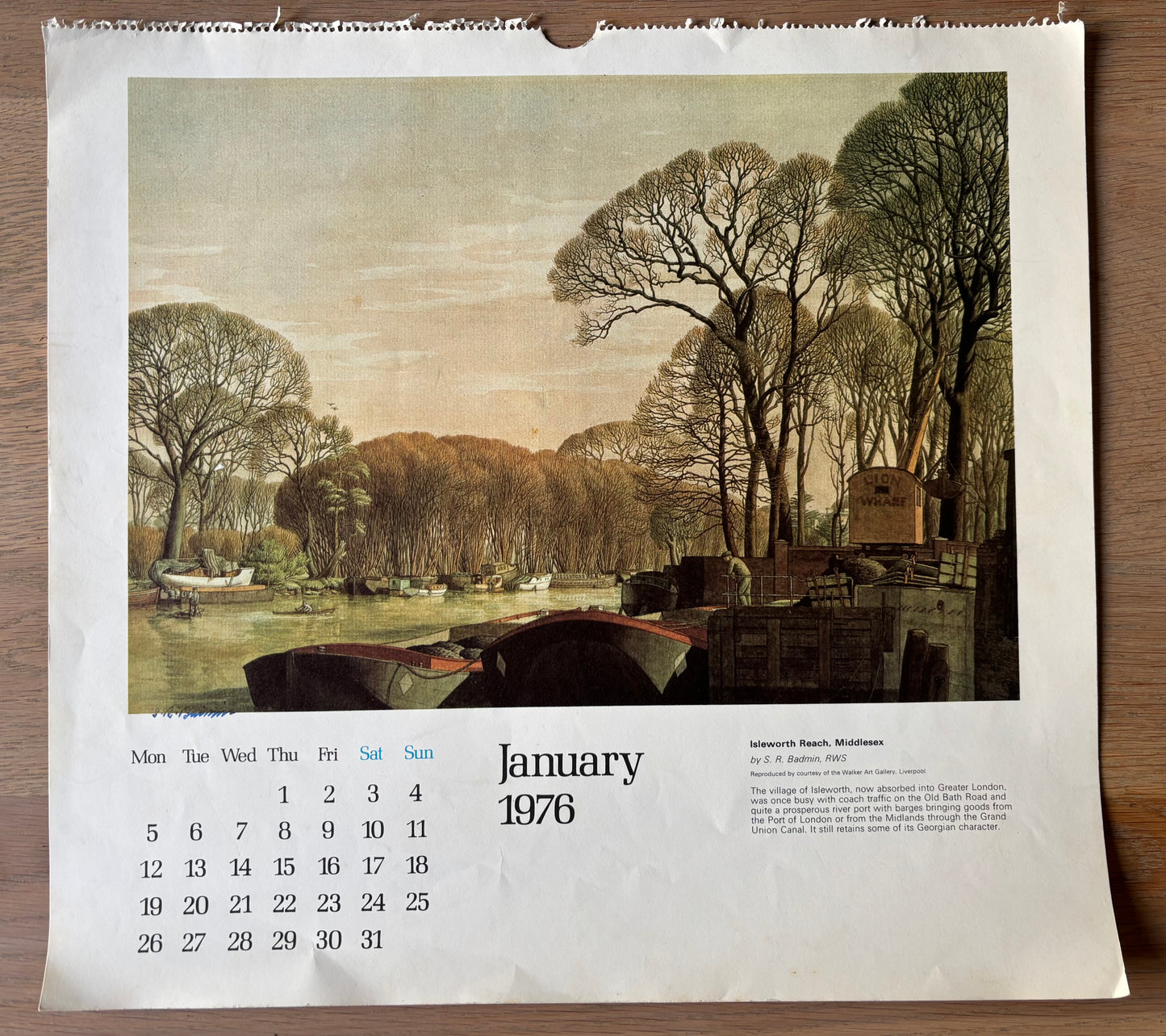 S R Badmin Signed JANUARY 1976 Calendar Isleworth Reach ILLUSTRATION PRINT 1970’s