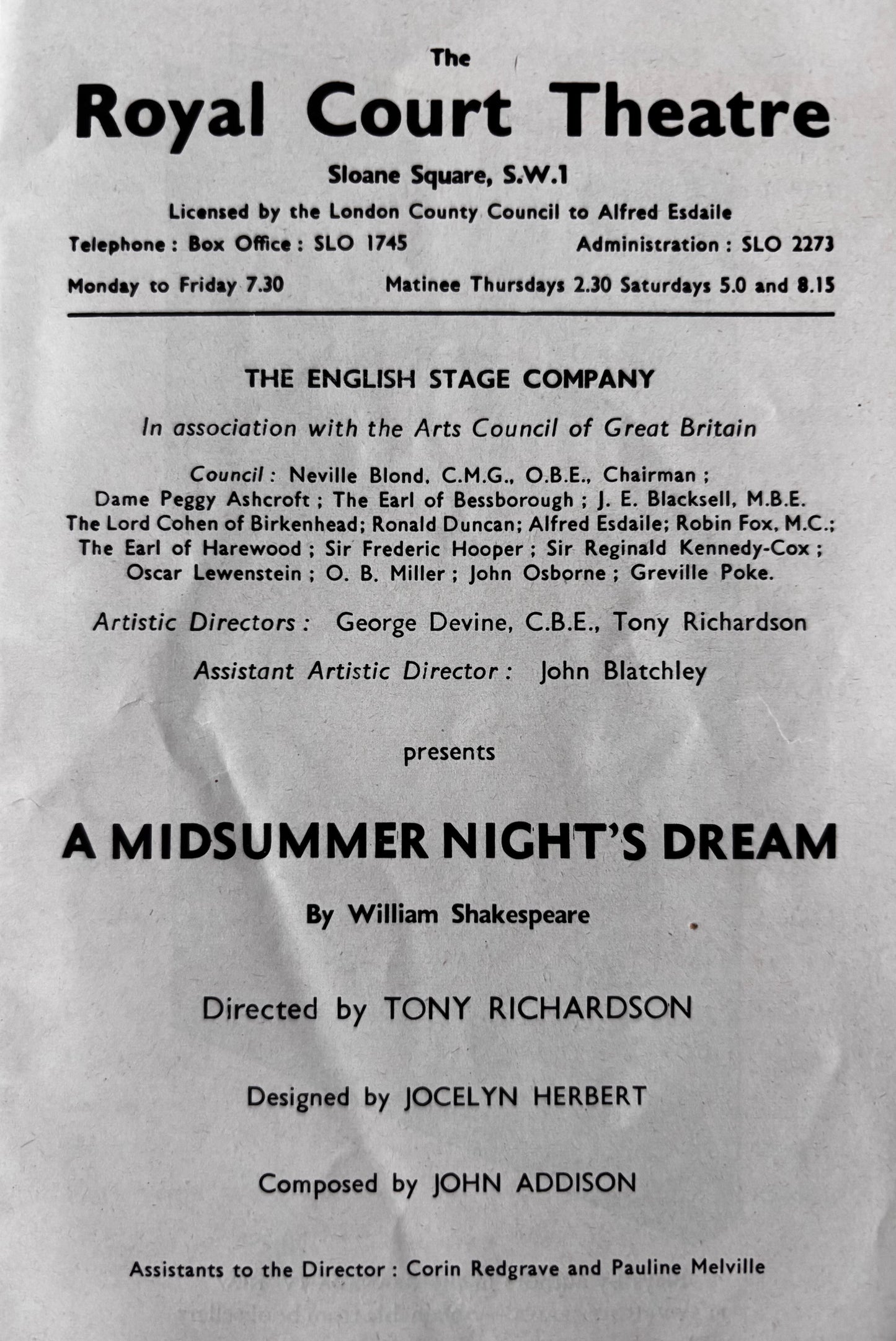 A MIDSUMMER NIGHT’S DREAM 1962 Royal Court Theatre London PROGRAMME Redgrave Ronnie Barker