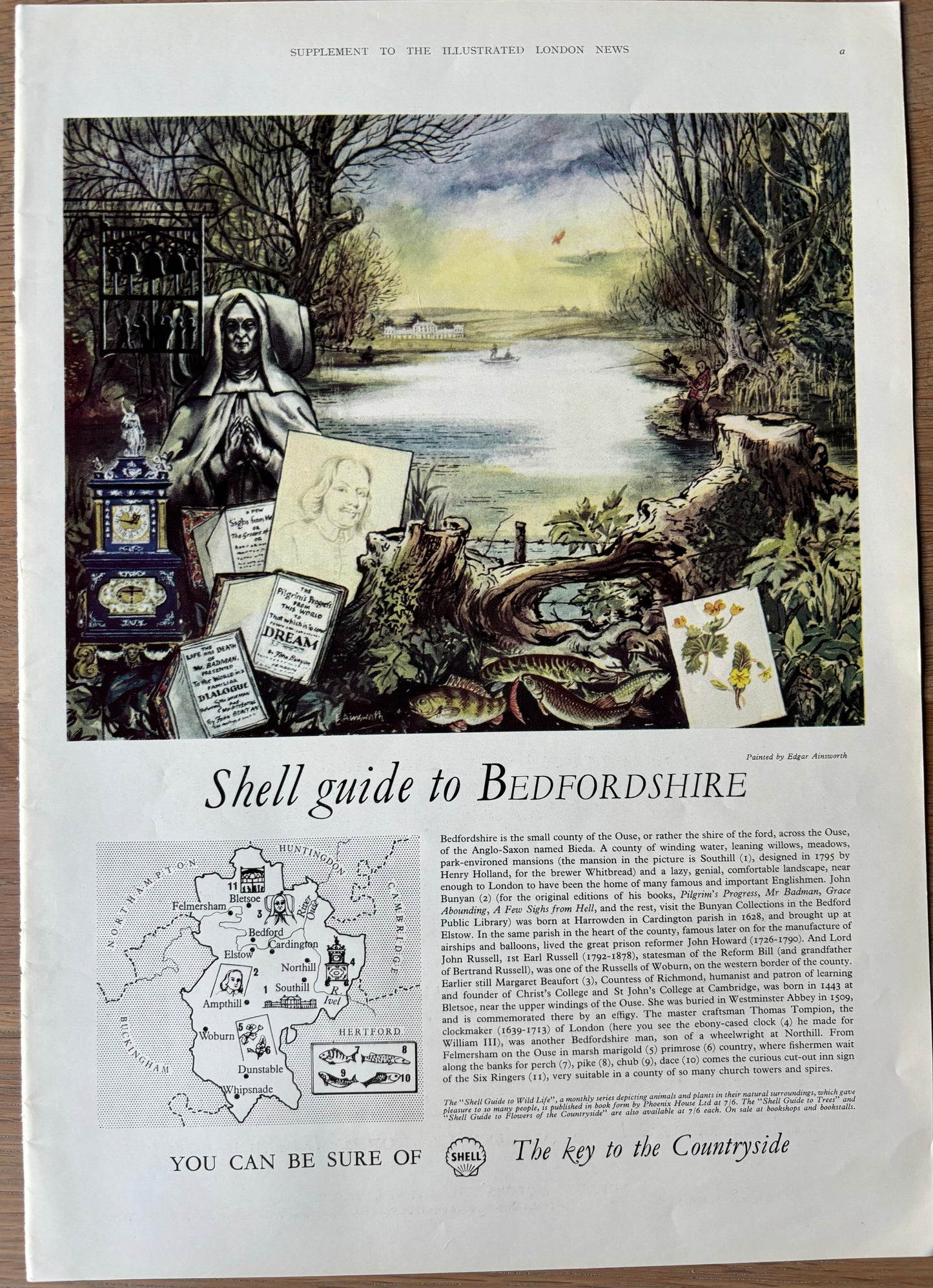 1960’s Edgar Ainsworth SHELL GUIDE TO BEDFORDSHIRE LARGE ADVERT Original Ad 1962 - transpontinebooks