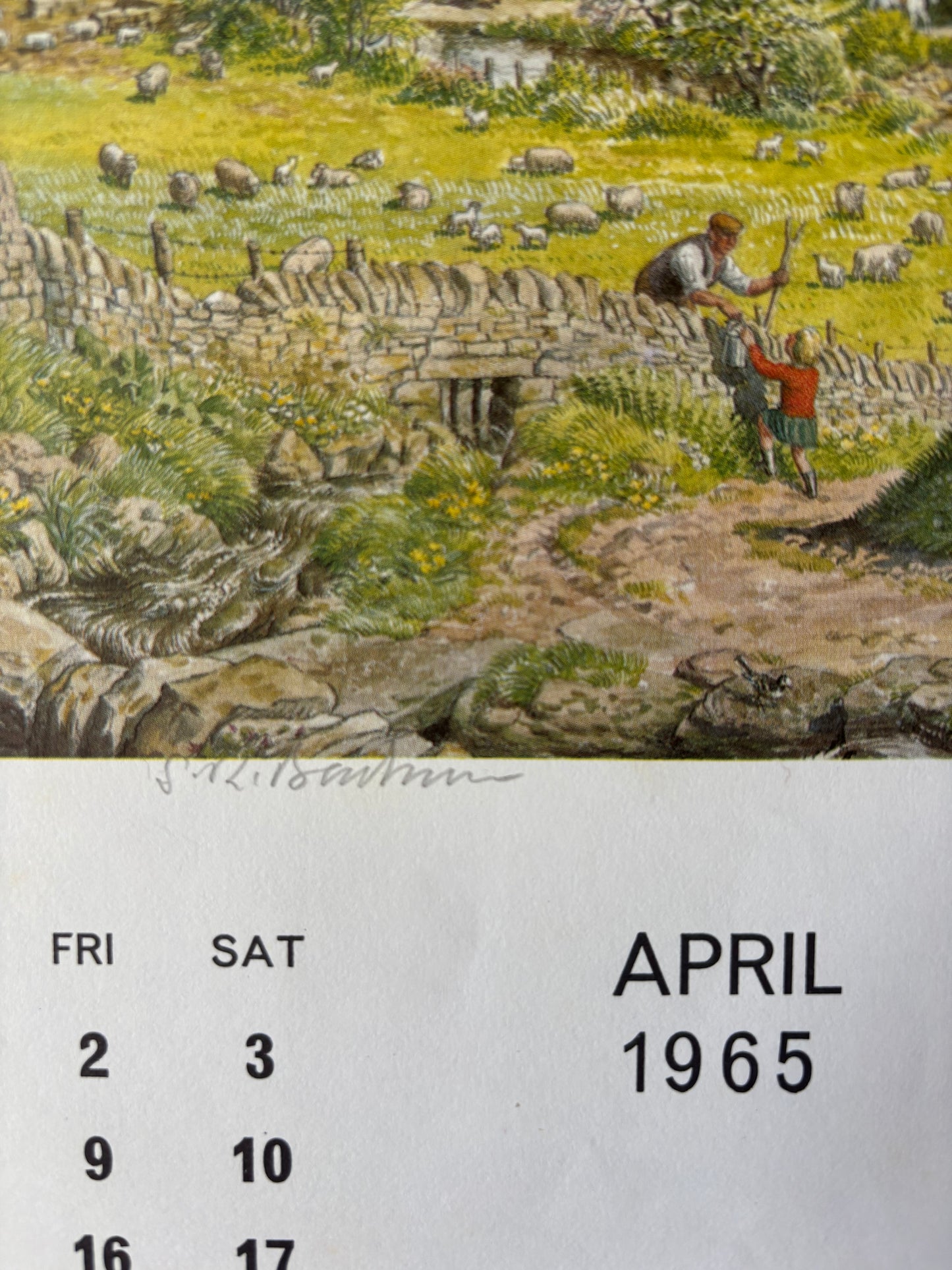 S R Badmin Signed APRIL 1965 Calendar Cotswold Escarpment ILLUSTRATION PRINT 1960’s