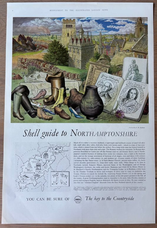 S R Badmin SHELL GUIDE TO NORTHAMPTONSHIRE ADVERT Original Large Ad 1960’s