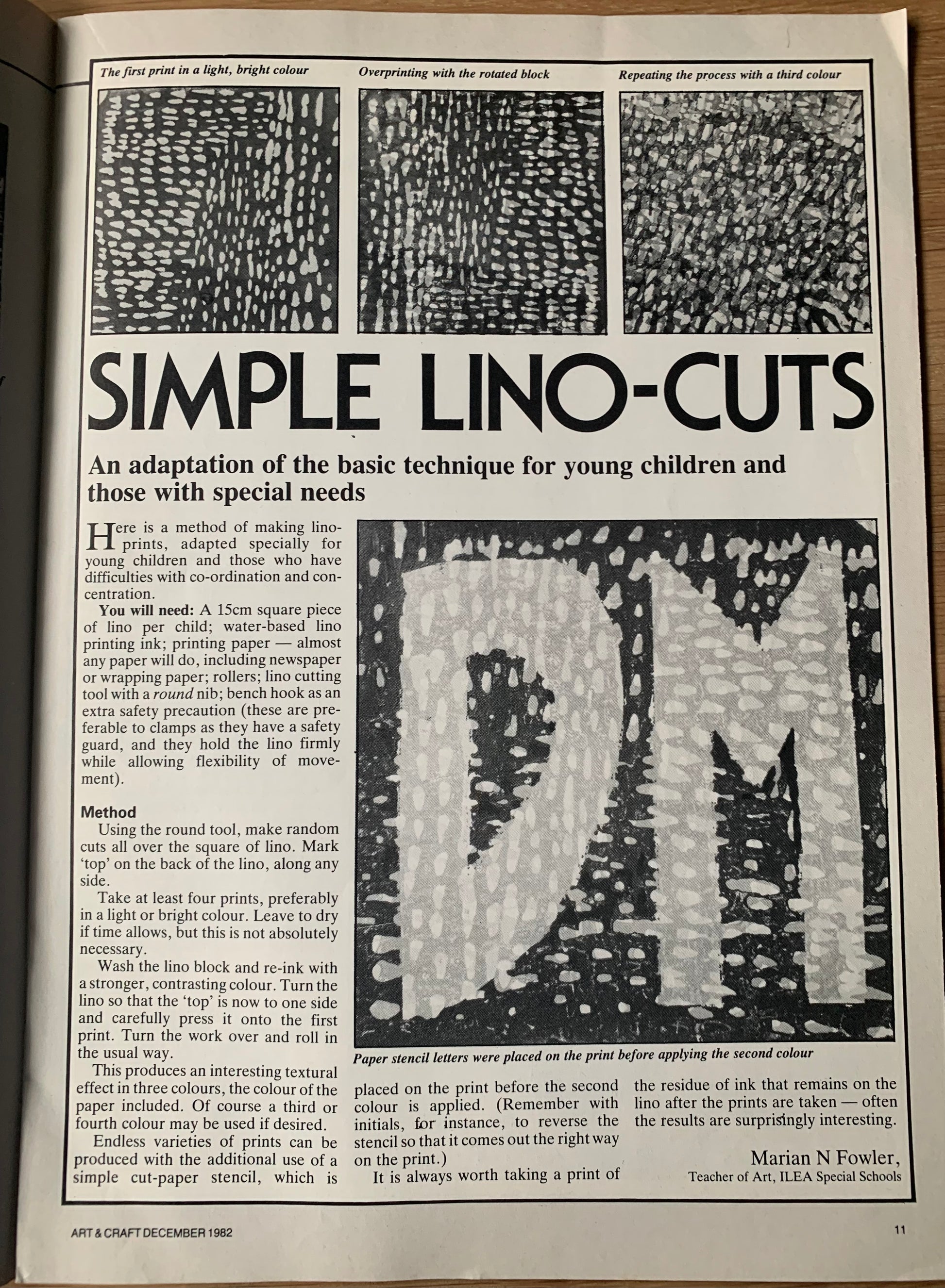 ART AND CRAFT EDUCATION MAGAZINE December 1982 Printmaking Linocuts Prints - transpontinebooks