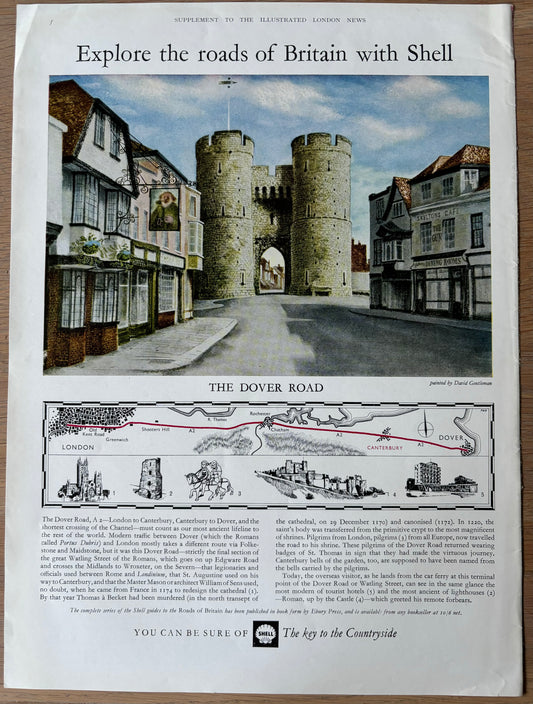 David Gentleman 1960's SHELL GUIDE TO ROADS OF BRITAIN - DOVER ROAD Large Advert - transpontinebooks