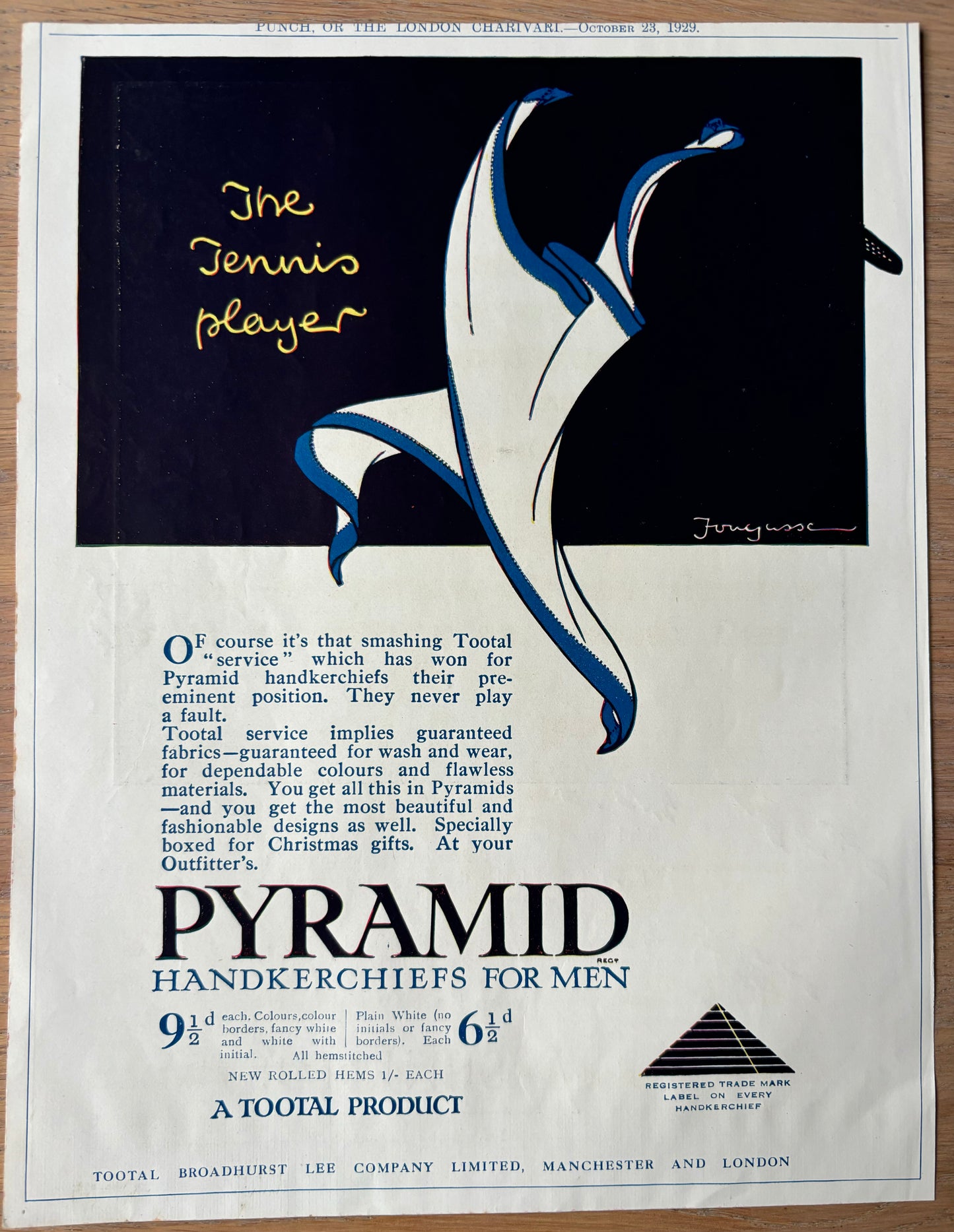 Fougasse THE TENNIS PLAYER Pyramid Hankerchiefs 1929 ADVERT Tootal Manchester - transpontinebooks