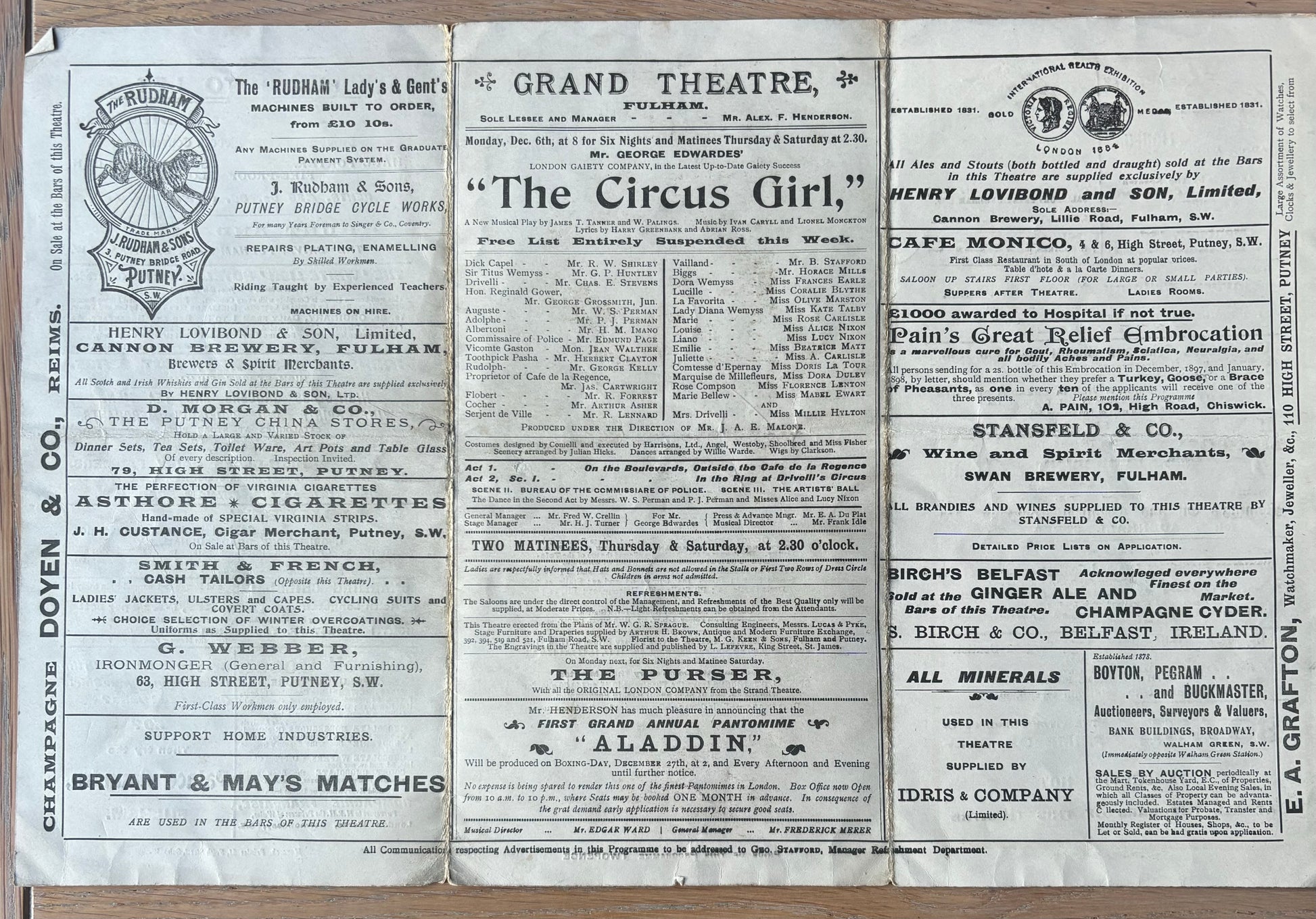 GRAND THEATRE FULHAM The Circus Girl 1897 THEATRE PROGRAMME Art Nouveau - transpontinebooks