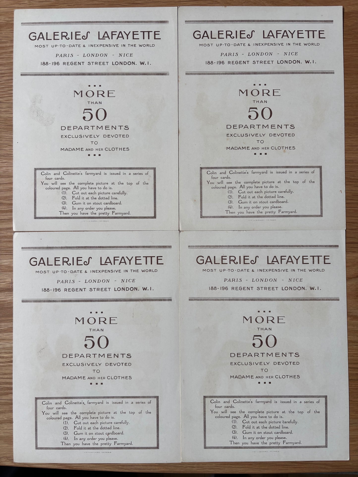 Jack Roberts 1920’s GALERIES LAFAYETTE Colin Colinette Farmyard Animals 4 CARDS Cut Outs