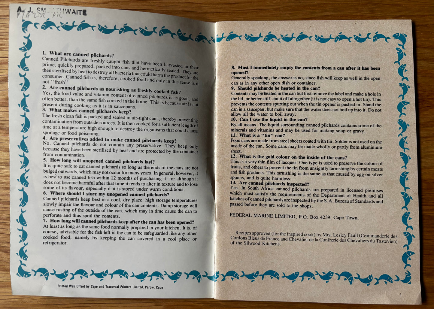 Vintage PILCHARD RECIPES Booklet CANNED FISH Advisory Bureau COOKBOOK