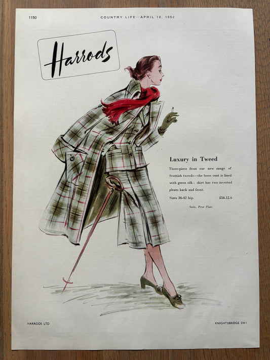 Vintage 1952 HARRODS Tweed Fashion Clothing ADVERT 1950’s STYLE - transpontinebooks