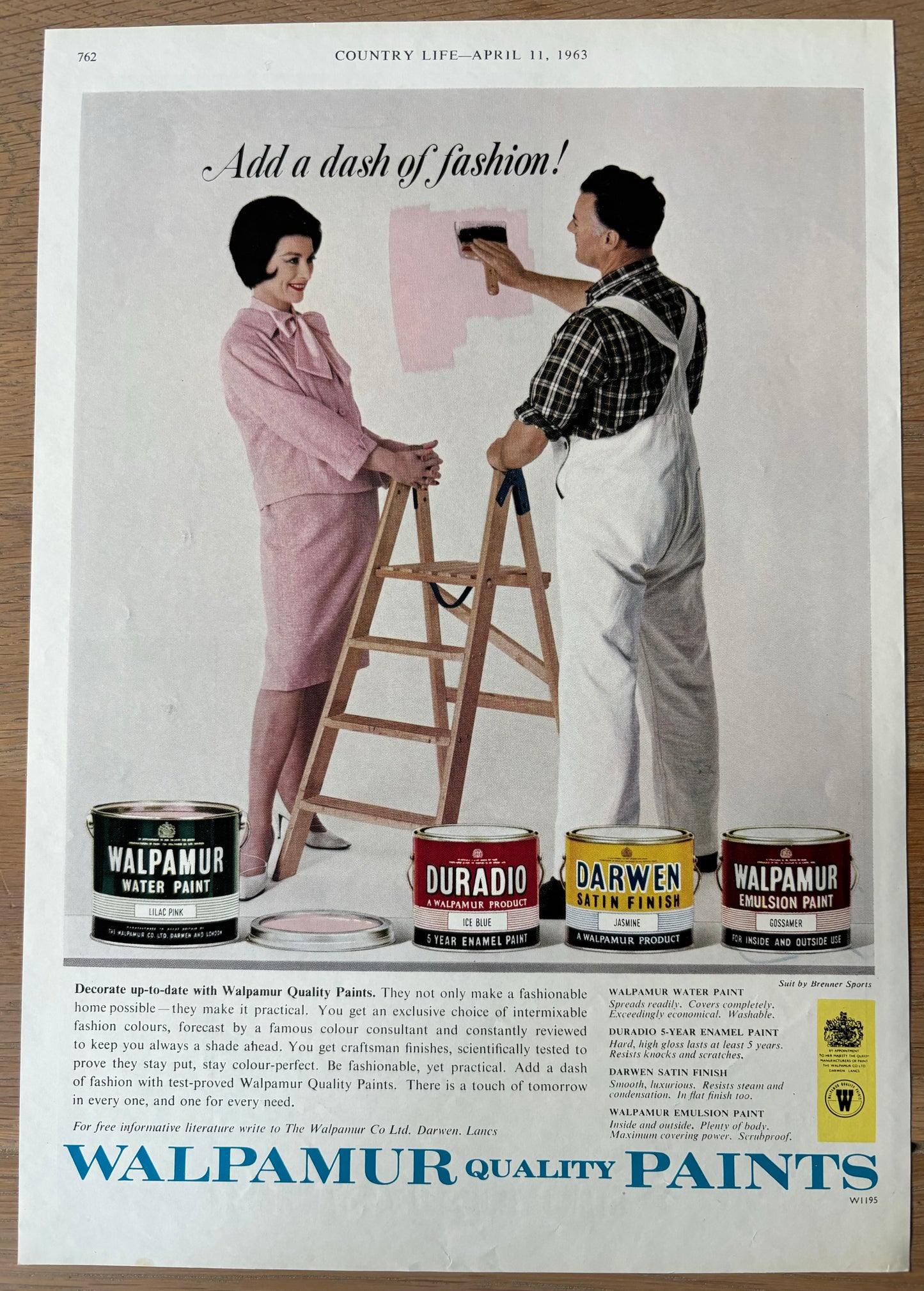 WALPAMUR QUALITY PAINTS Large Advert April 11 1963 PINK BREMER SPORTS SUIT - transpontinebooks