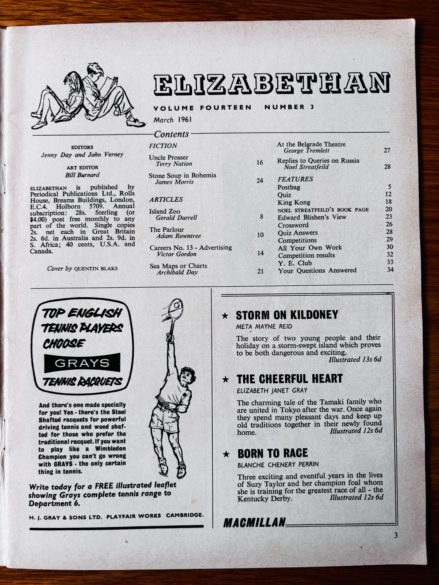 Quentin Blake ELIZABETHAN MAGAZINE March 1961 Adam Rowntree Gerald Durrell