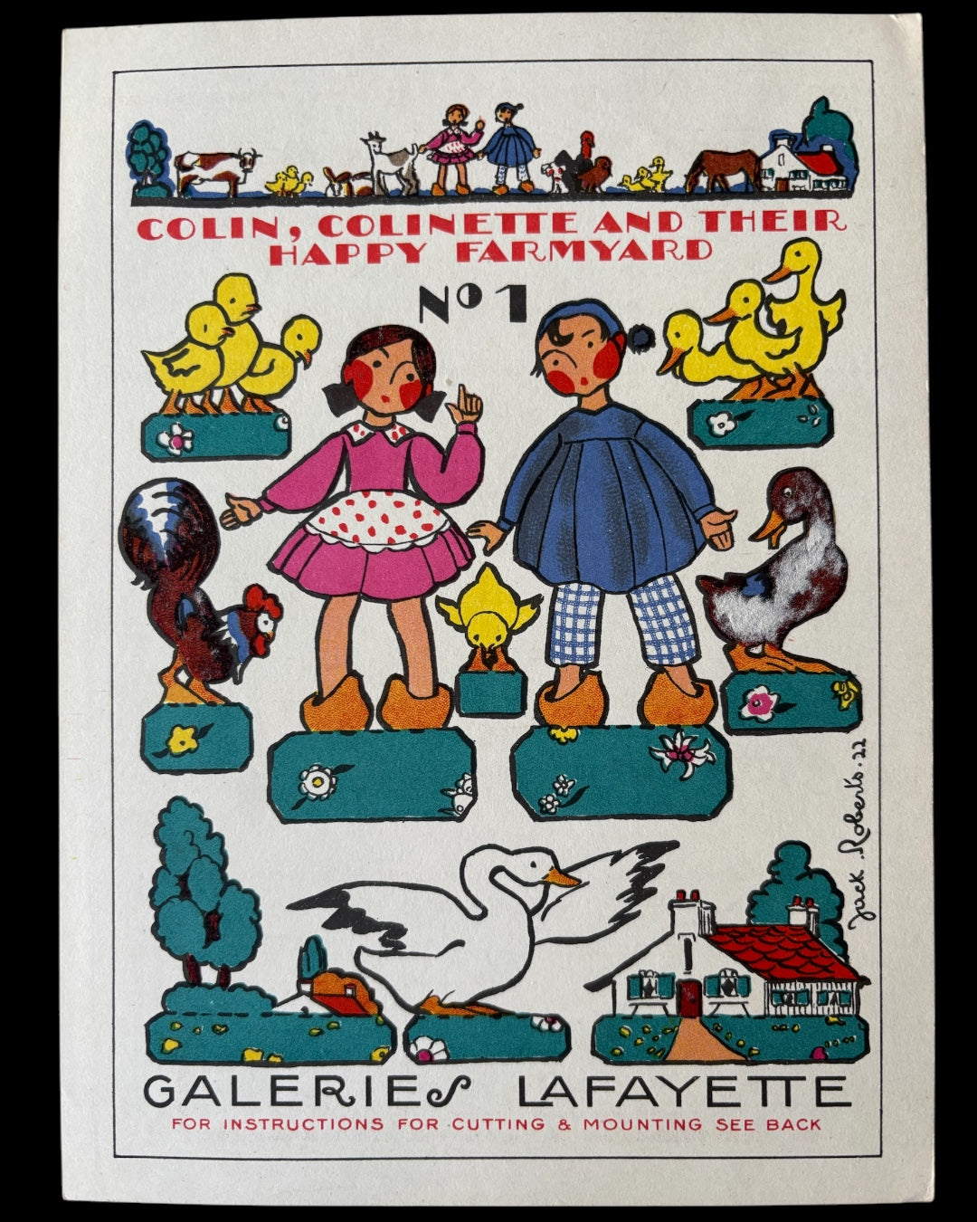 Jack Roberts 1920’s GALERIES LAFAYETTE Colin Colinette Farmyard Animals 4 CARDS Cut Outs