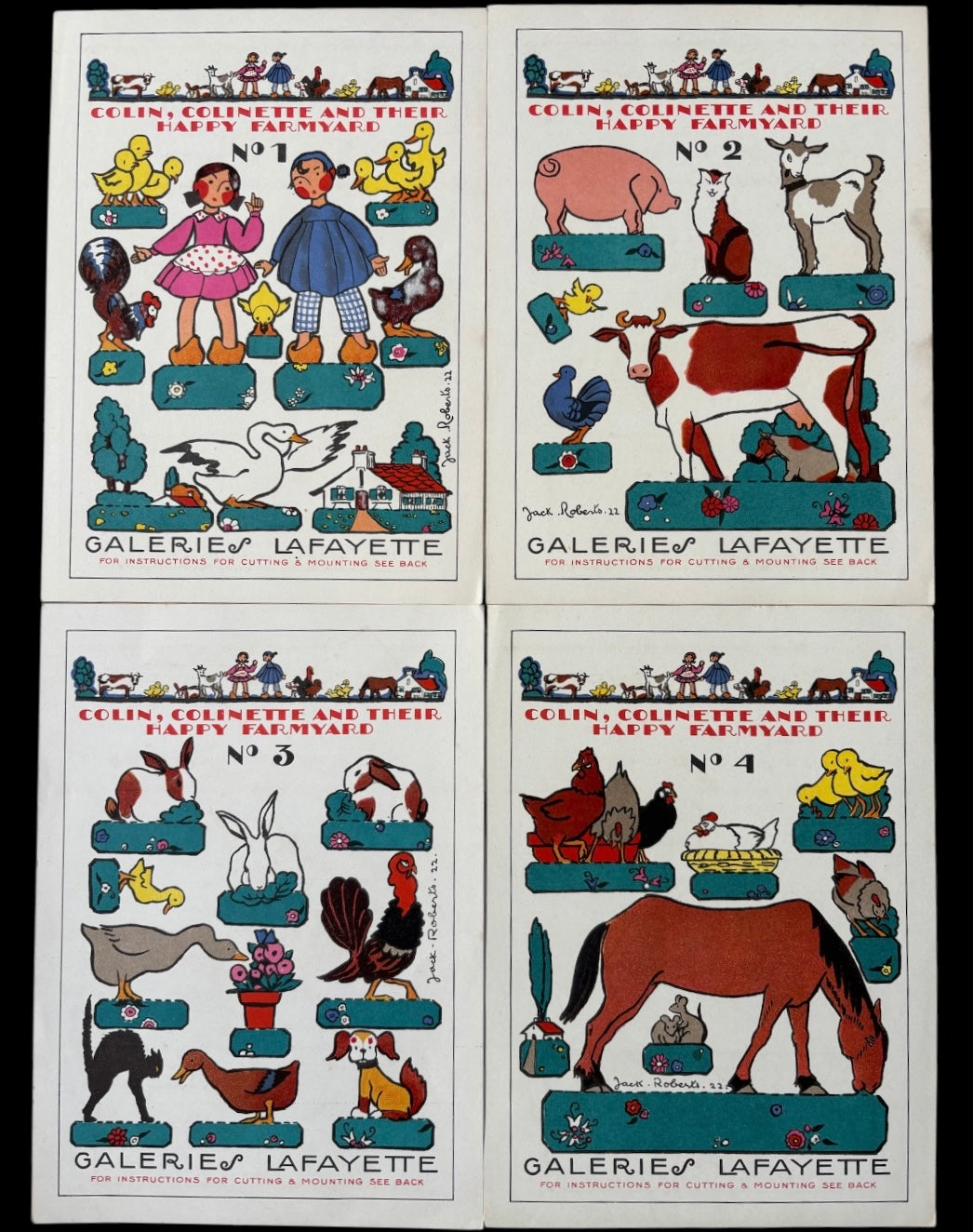 Jack Roberts 1920’s GALERIES LAFAYETTE Colin Colinette Farmyard Animals 4 CARDS Cut Outs