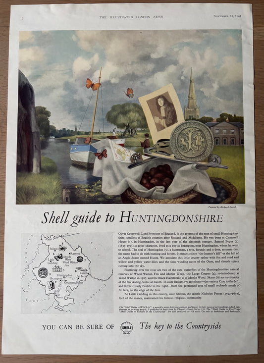 Richard Eurich SHELL GUIDE TO HUNTINGDONSHIRE Large ADVERT Original Ad 1961