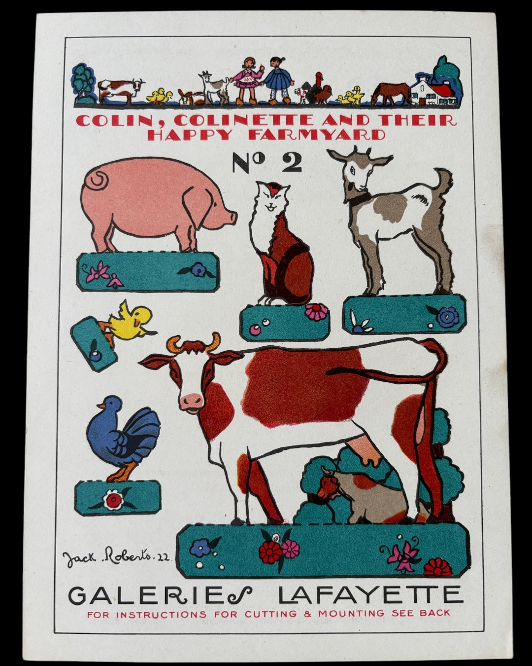 Jack Roberts 1920’s GALERIES LAFAYETTE Colin Colinette Farmyard Animals 4 CARDS Cut Outs